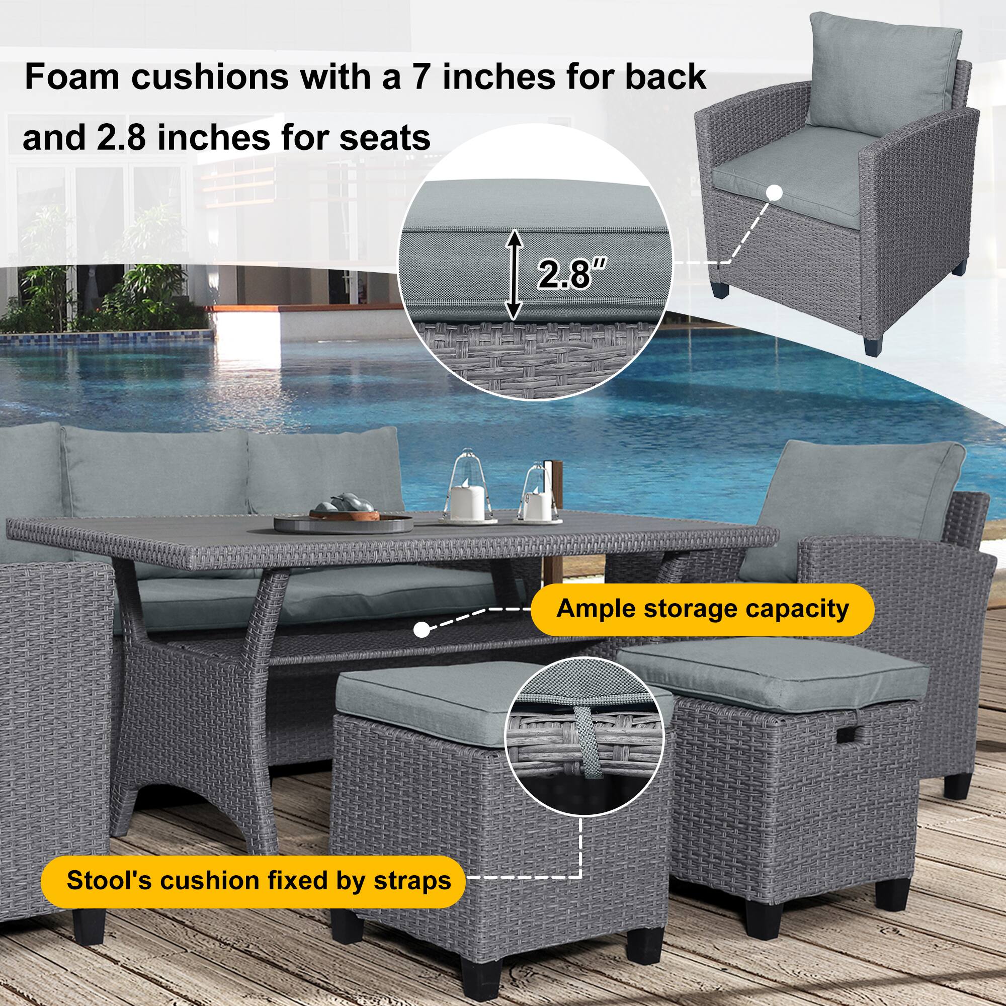 Foam cushions with a 7 inches for back and 2.8 inches for seats

Ample storage capacity

Stool's cushion fixed by straps