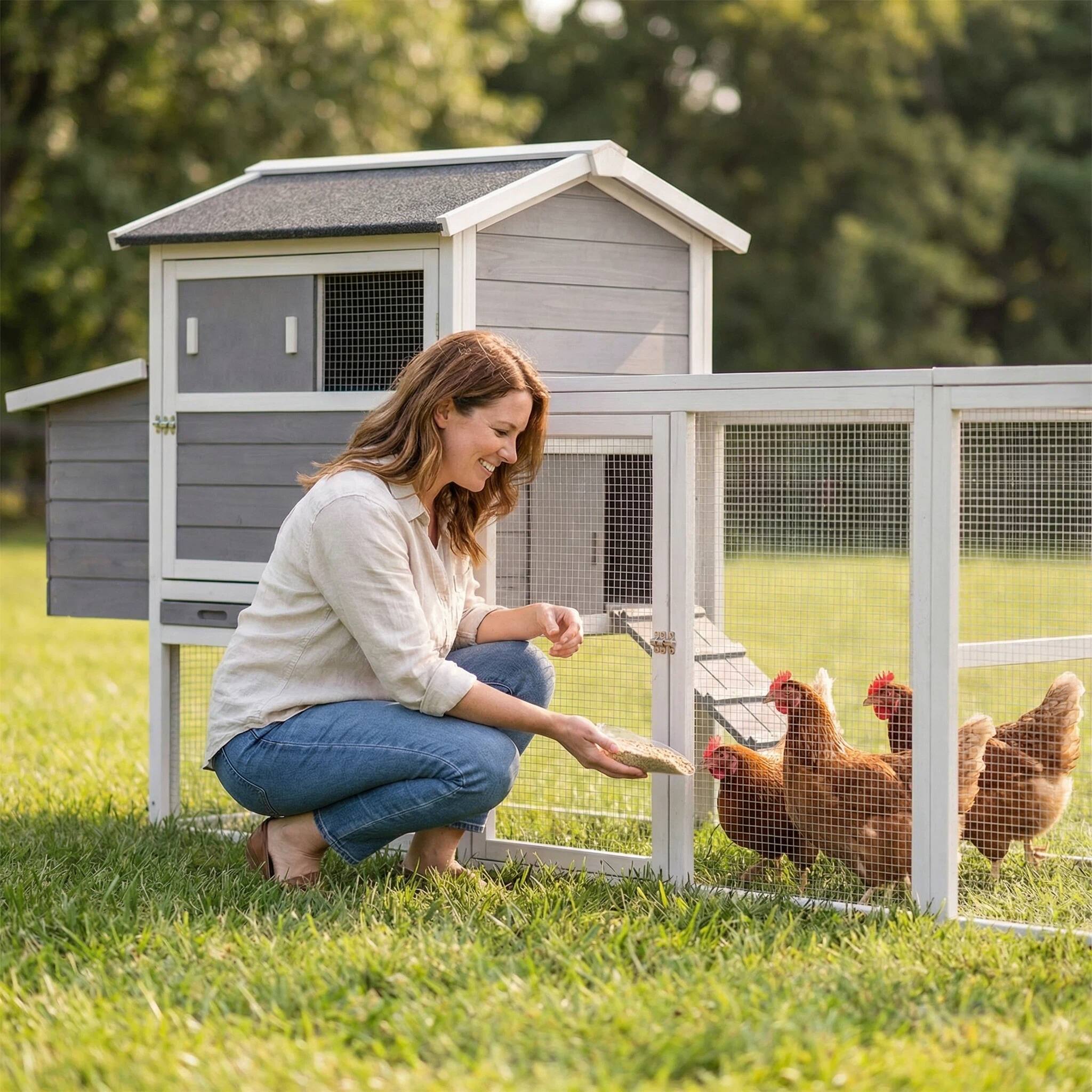 Back. Mondawe - 115" Fir Wood Chicken Coop Outdoor Hen House Poultry Cage w/ Run & Nesting Box, Sliding Door & Lock - Gray.