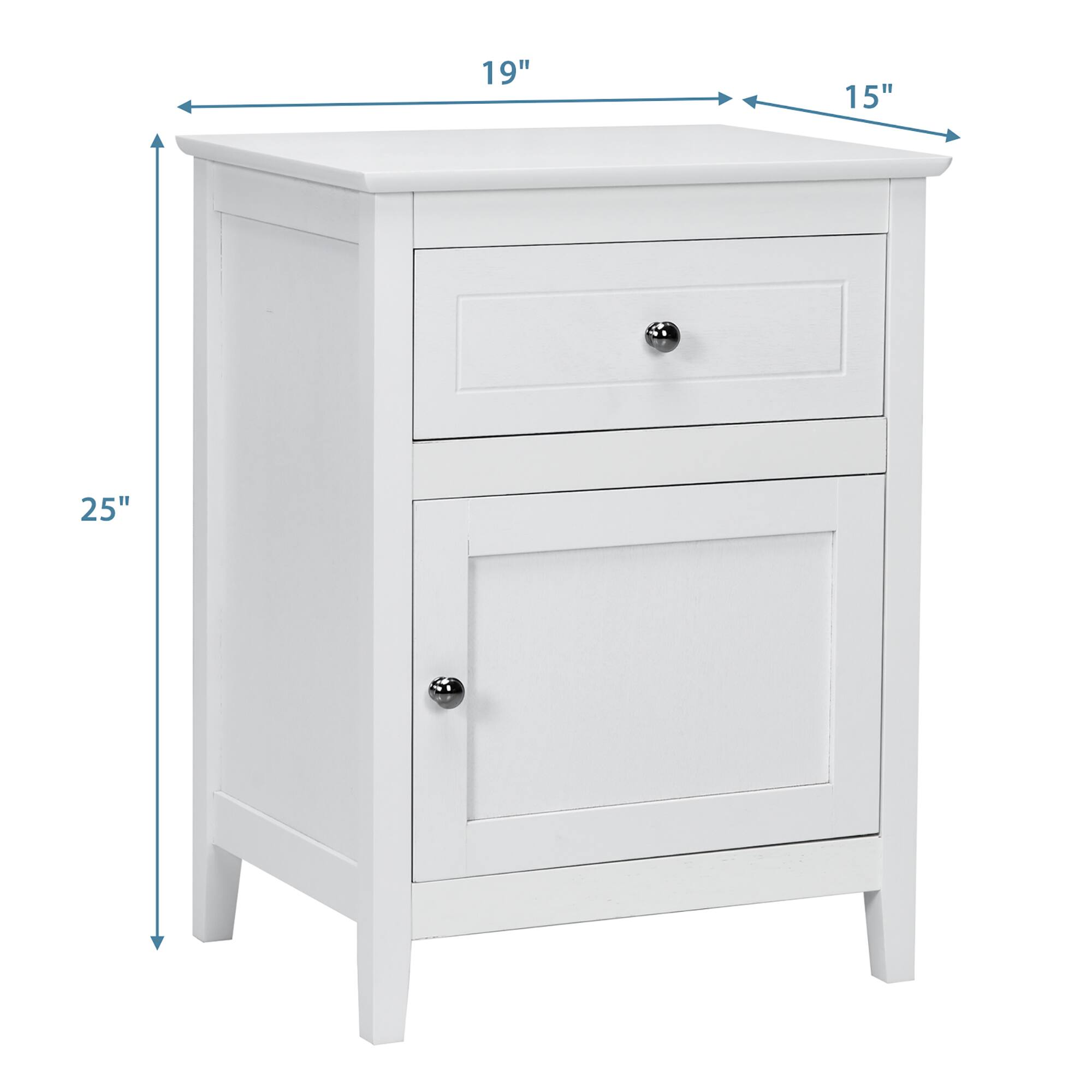 The text on the image reads "19" 15" 25". This indicates that the white dresser is 19 inches in height, 15 inches in width, and 25 inches in depth.