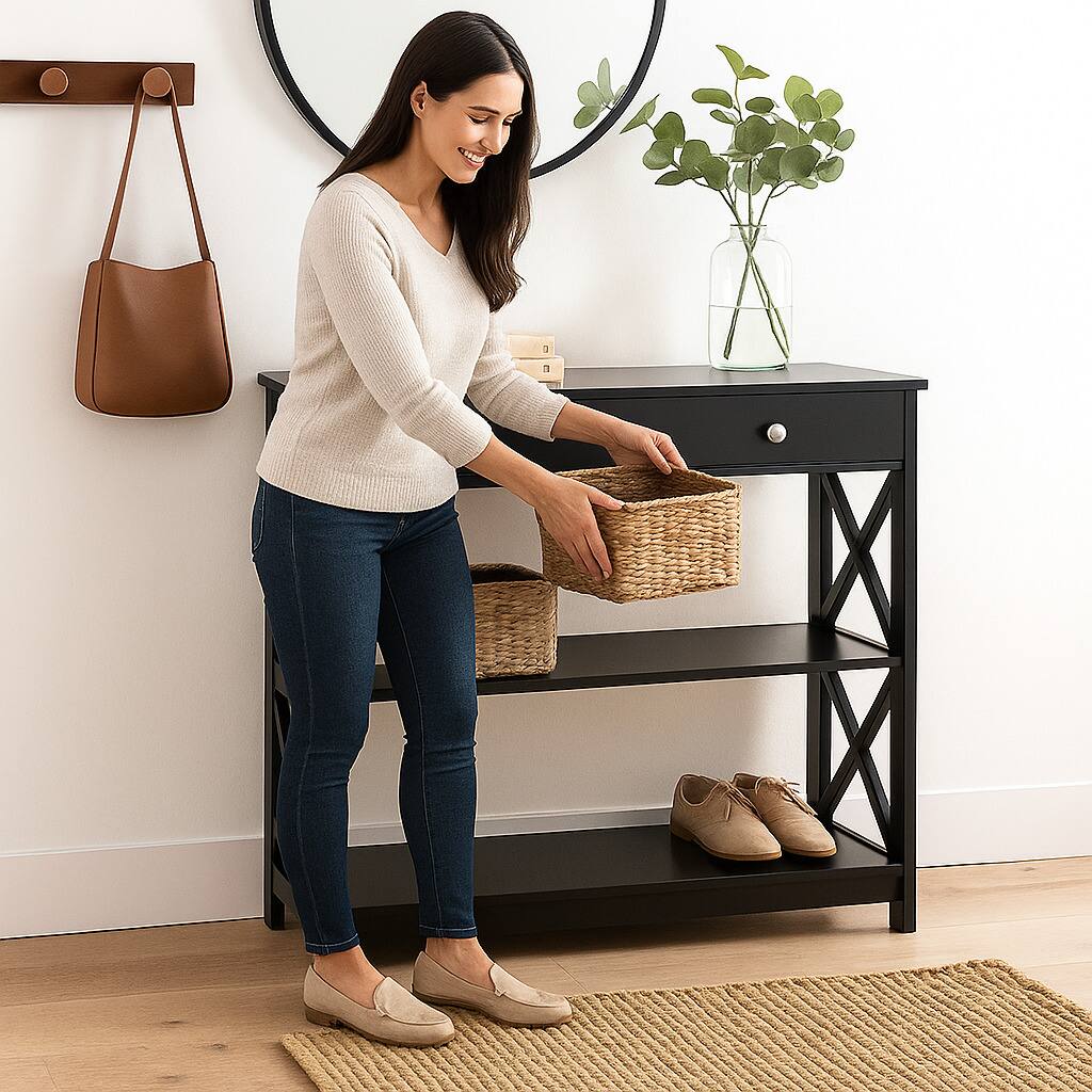 Angle. Hivvago - Contemporary 3-Tier Table with Drawer and Multi-Level Storage - Black.