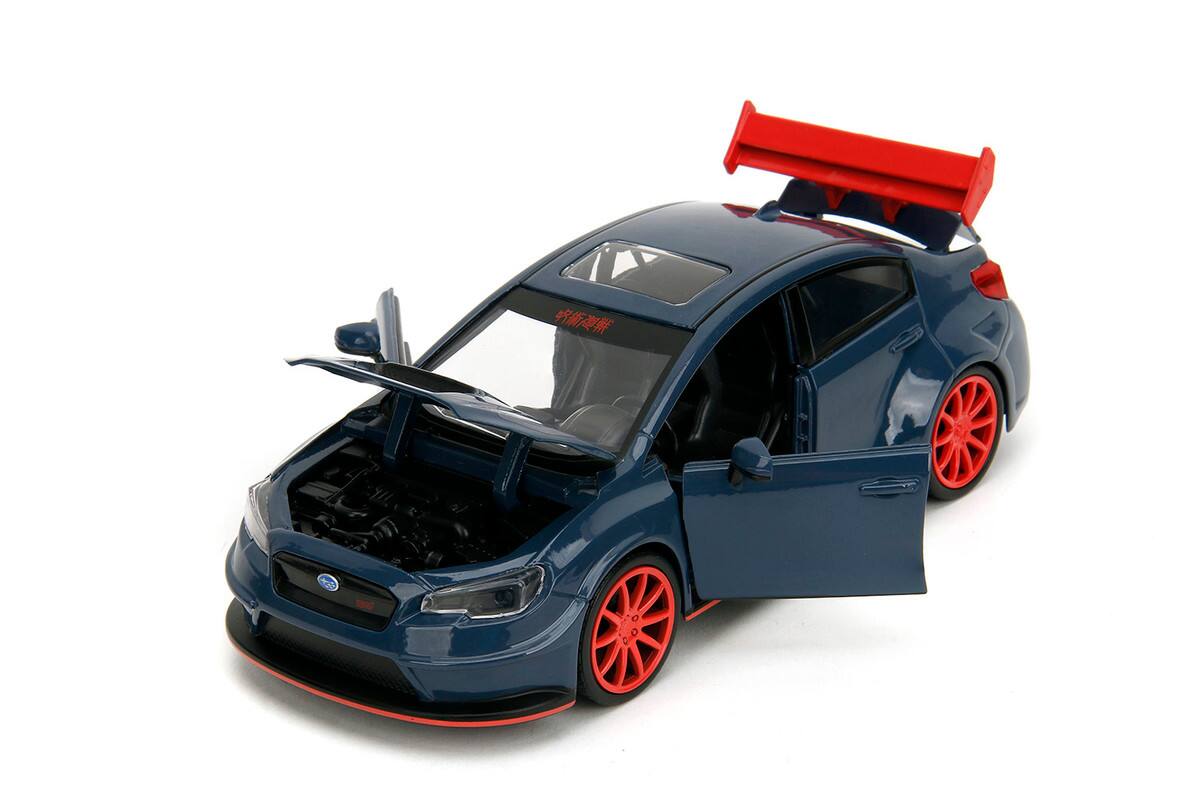 Left. Jada - 2016 Subaru WRX STI Widebody Dark Blue w/ Yuji Itadori Figure – Jujutsu Kaisen (2020–2023) Anime Hollywood Rides 1/24 - Dark Blue.