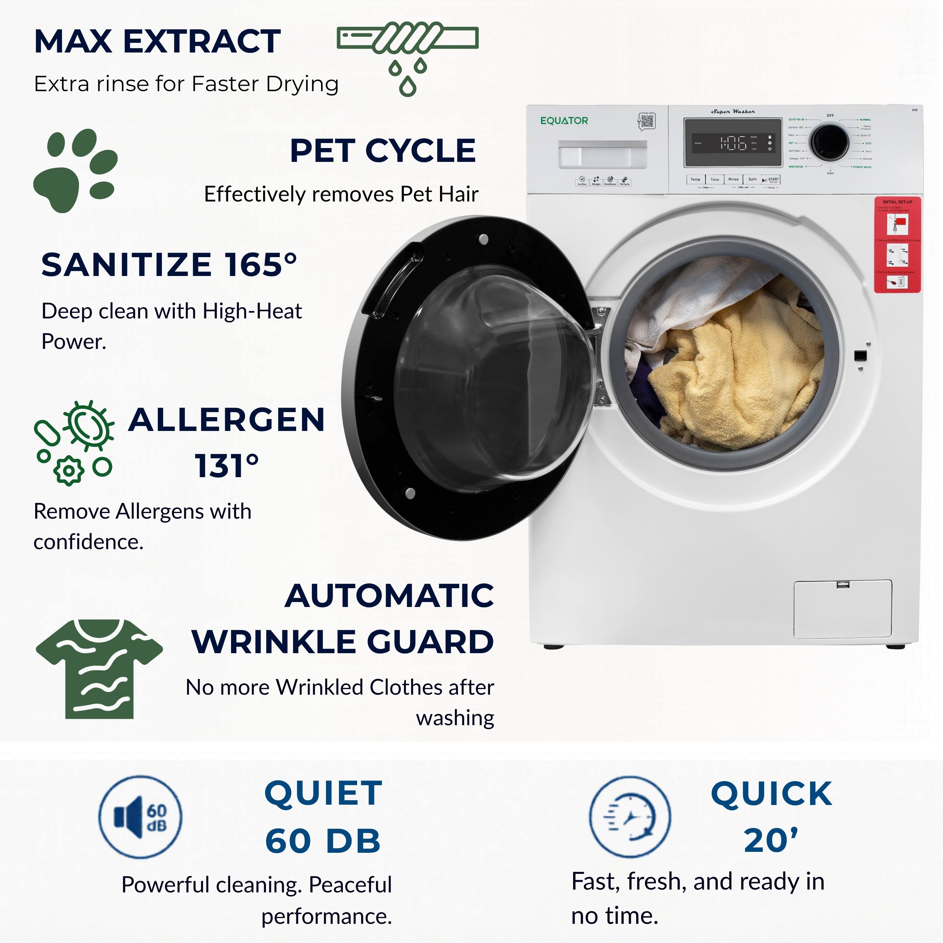 MAX EXTRACT  
Extra rinse for Faster Drying  

PET CYCLE  
Effectively removes Pet Hair  

SANITIZE 165°  
Deep clean with High-Heat Power.  

ALLERGEN 131°  
Remove Allergens with confidence.  

AUTOMATIC WRINKLE GUARD  
No more Wrinkled Clothes after washing  

QUIET 60 dB  
Powerful cleaning. Peaceful performance.  

QUICK 20'  
Fast, fresh, and ready in no time.