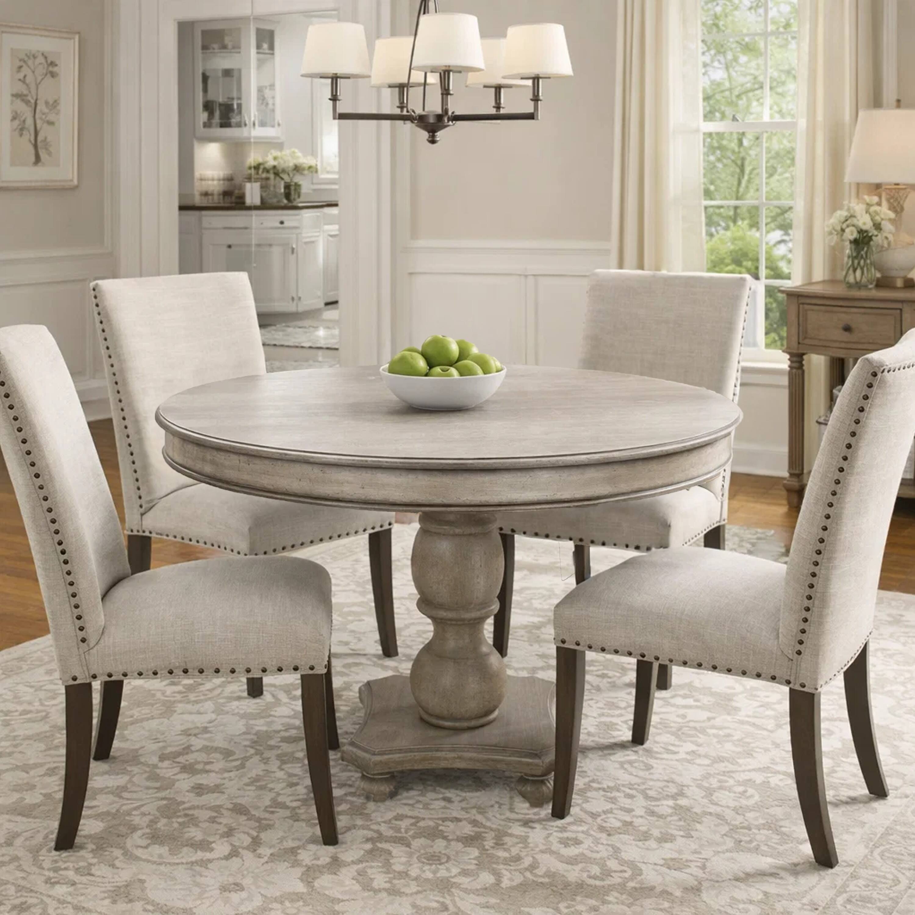 Alt View 8. Manhattan Lane - 42 Inch Handcrafted Mango Wood Dining Table, Pedestal Base, Round Molded Top - Washed White and Gray.