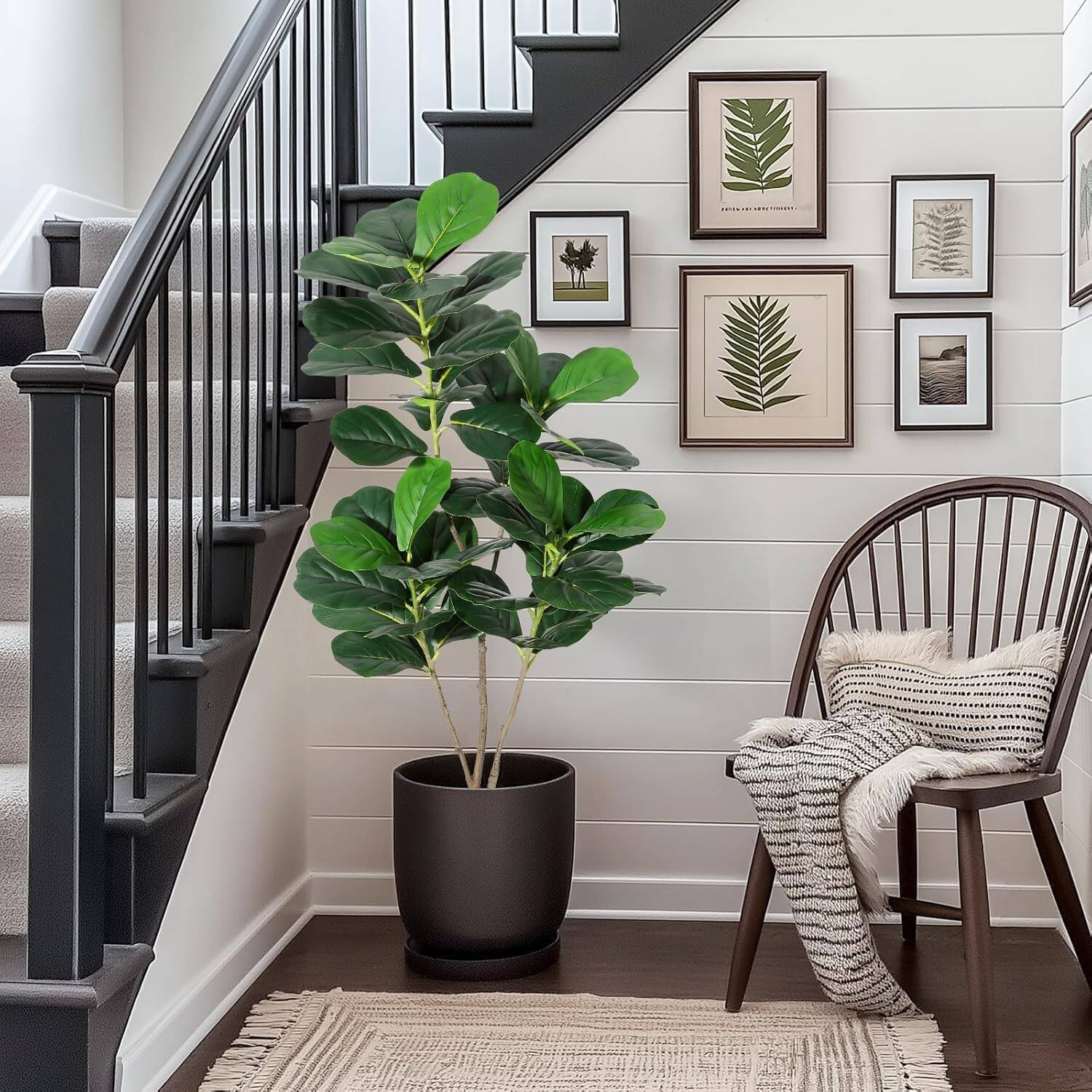 Front. Homhougo - 4FT Fiddle Leaf Fig Artificial Tree Faux Floor Plant with Black Planter Pot, Potted Fake Fiddle Leaf Fig Tree for - Green 4 Ft.