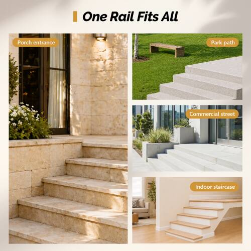 One Rail Fits All

- Porch entrance
- Park path
- Commercial street
- Indoor staircase