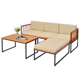 Boyel Living - 5 Pieces Patio Furniture Set Acacia Wood Sectional Set with Heavy-Duty Metal Frame - Black+Natural+Beige