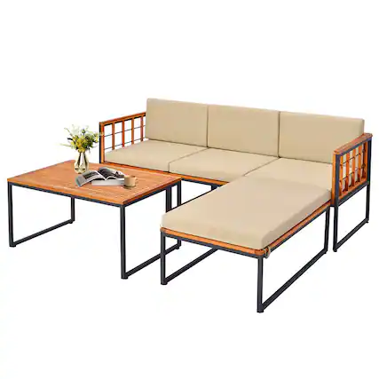 Front. Boyel Living - 5 Pieces Patio Furniture Set Acacia Wood Sectional Set with Heavy-Duty Metal Frame - Black+Natural+Beige.