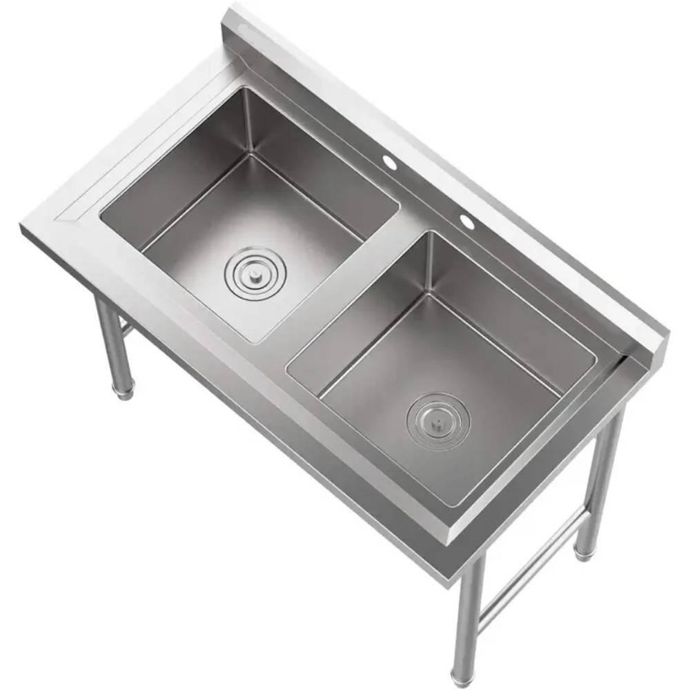 Alt View 2. Winado - Commercial Stainless Steel Utility & Prep Sink with Backsplash & 2 Compartment & Adjustable Legs for Kitchen, Restaurant - Silver.