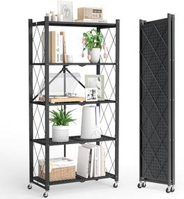 HONGGE - Foldable 5 Tier Metal Storage Rack with Wheels - Black