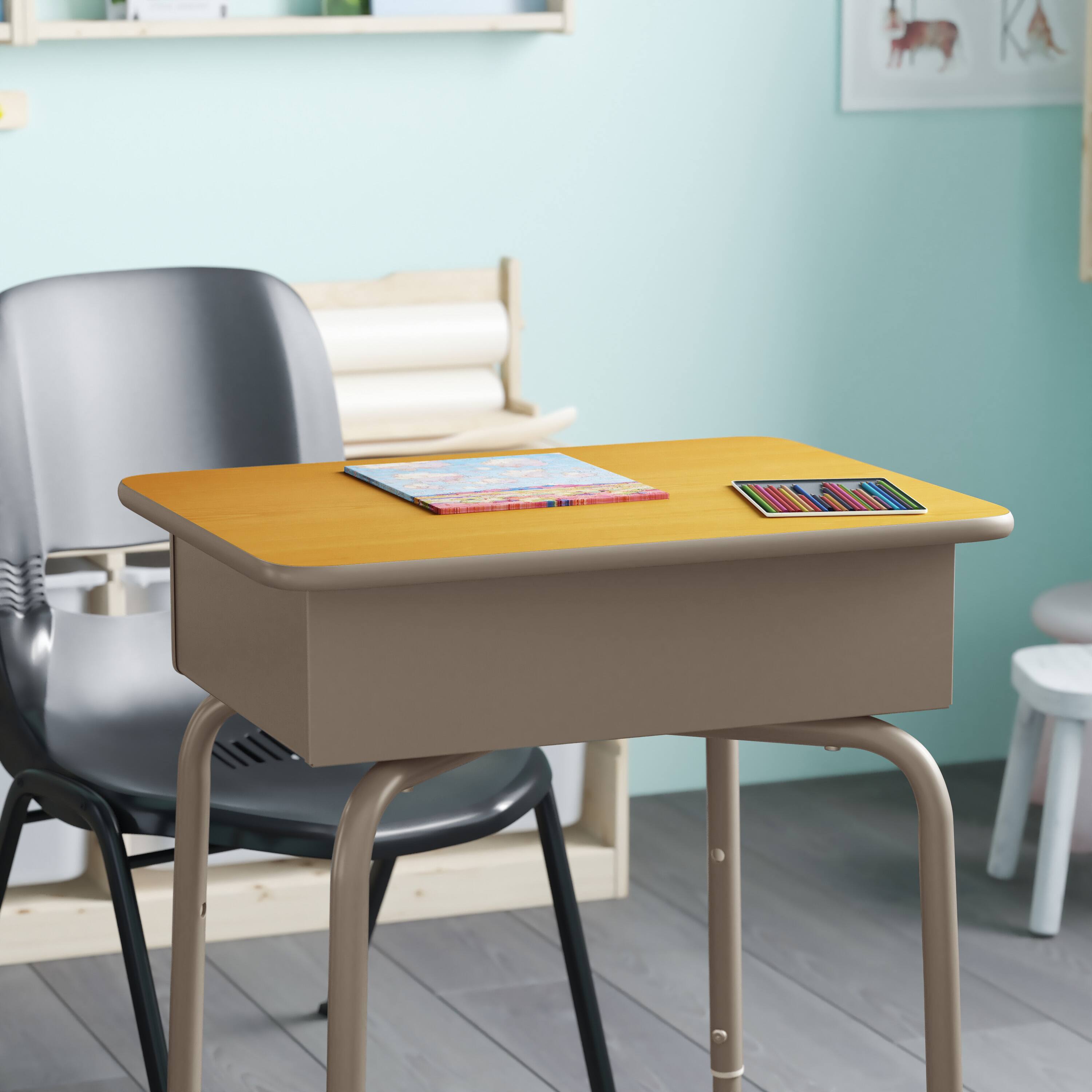 Alt View 3. Emma + Oliver - Student Desk with Open Front Metal Book Box - School Desk - Maple Top/Silver Frame.