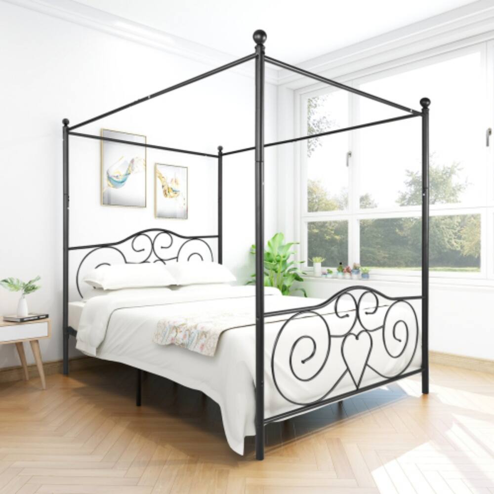 Angle. LUCKY ONE - Queen Size Metal Canopy Bed Frame with Vintage Headboard and Footboard, Steel Slats, No Box Spring Needed - Black.