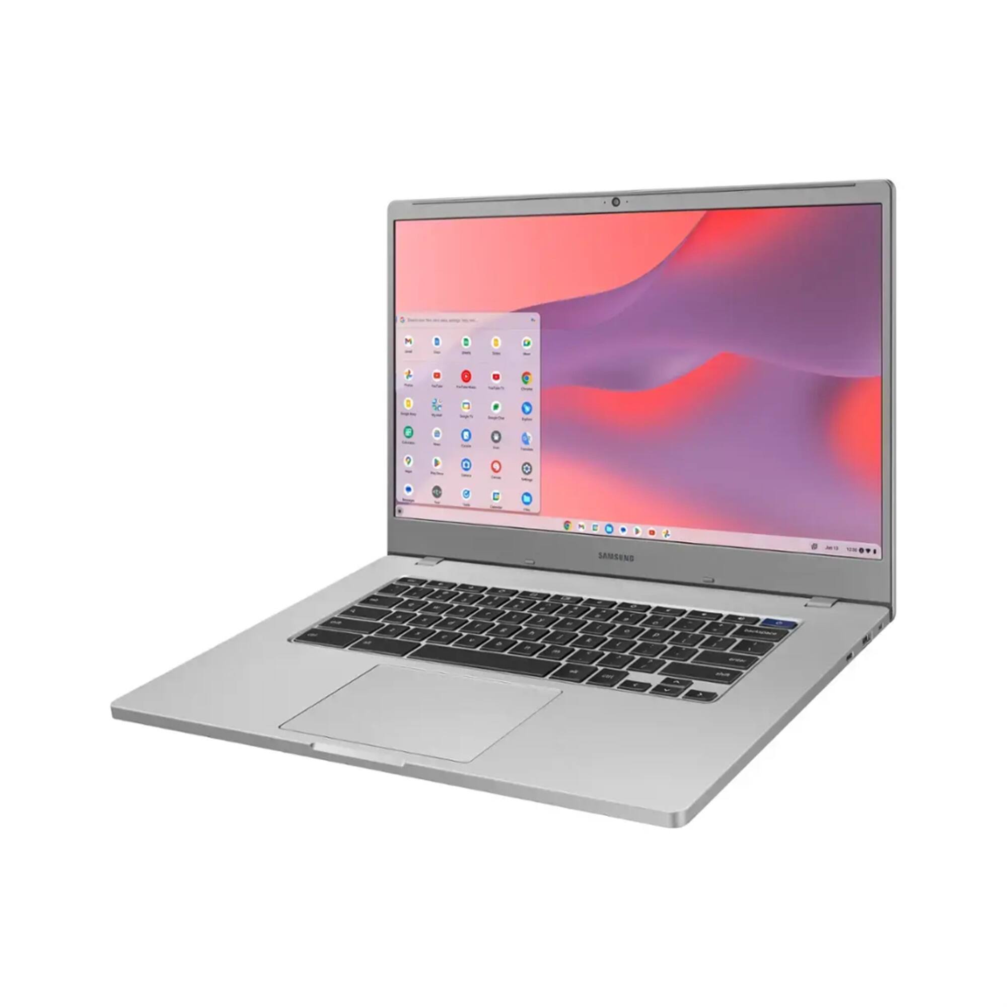 Left. Samsung - Samsung 15.6" Chromebook 4+ Intel Celeron 4GB RAM 64GB eMMC + 16GB MicroSD & Bag - Platinum Titan.