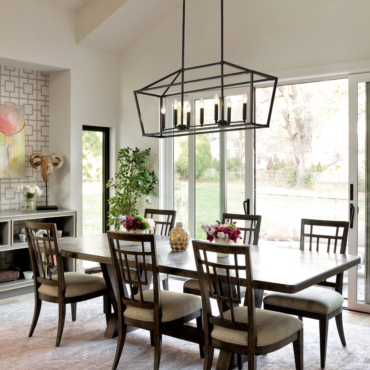 Left. Loheer - Loheer Farmhouse Kitchen Island Lighting, Matte Black Five Light Linear Chandelier for Dining Room.