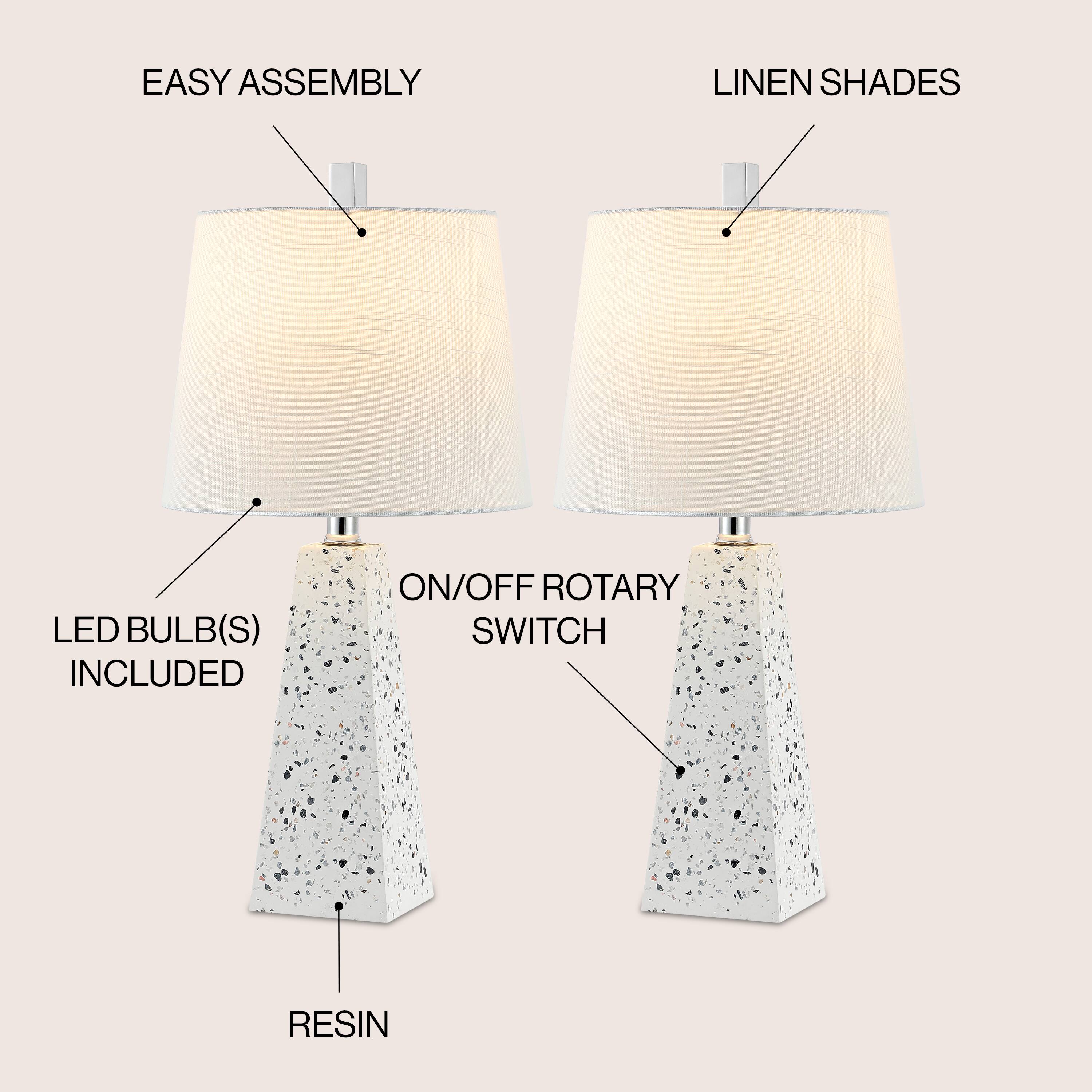 EASY ASSEMBLY  
LINEN SHADES  
LED BULB(S) INCLUDED  
ON/OFF ROTARY SWITCH  
RESIN