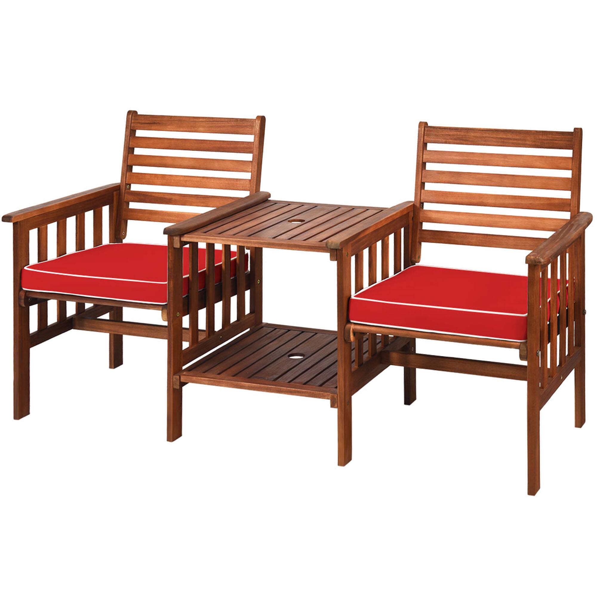 Alt View 1. Gymax - Gymax Acacia Wood Loveseat Patio Outdoor Conversation Set w/ Table Red Cushion - Red+Brown.