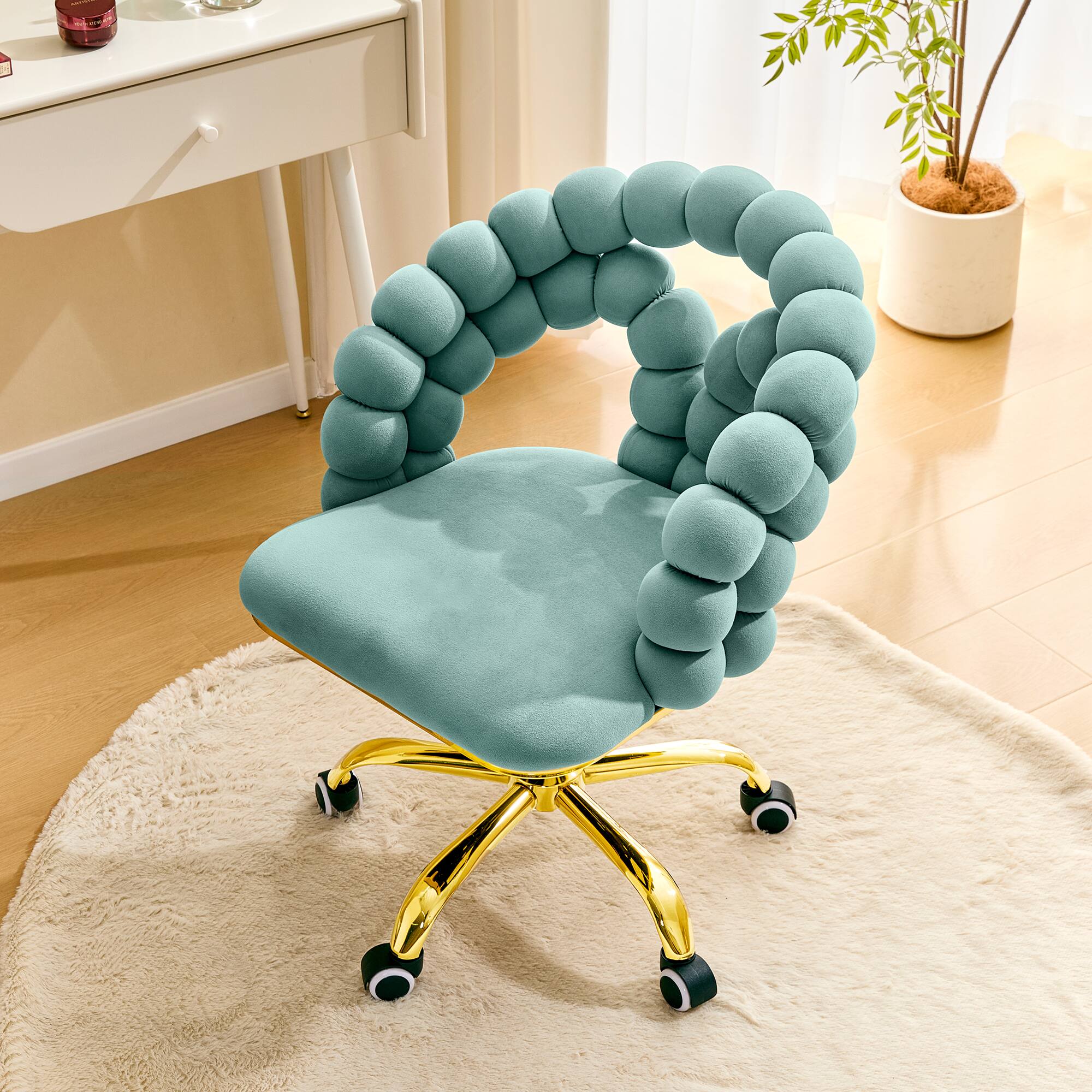Left. Loheer - Loheer- Velvet Desk Chair Teal Swivel Vanity Chair with Gold Base and Wheels for Bedroom Home Office 2.82 ft - Gold,Teal.