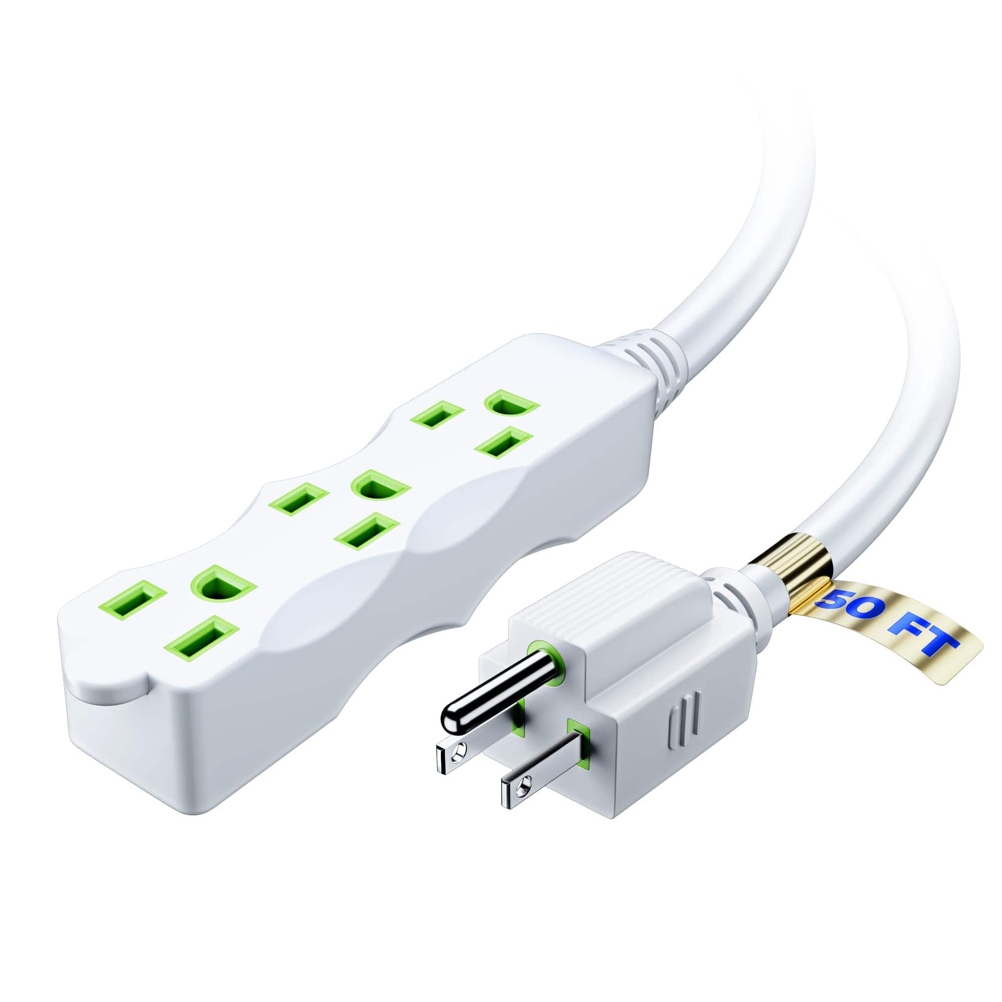 Maximm - Extension Cord with 3 Outlets, 125V, 3 Prong Extension Cord, ETL Listed, 50ft - WHITE green