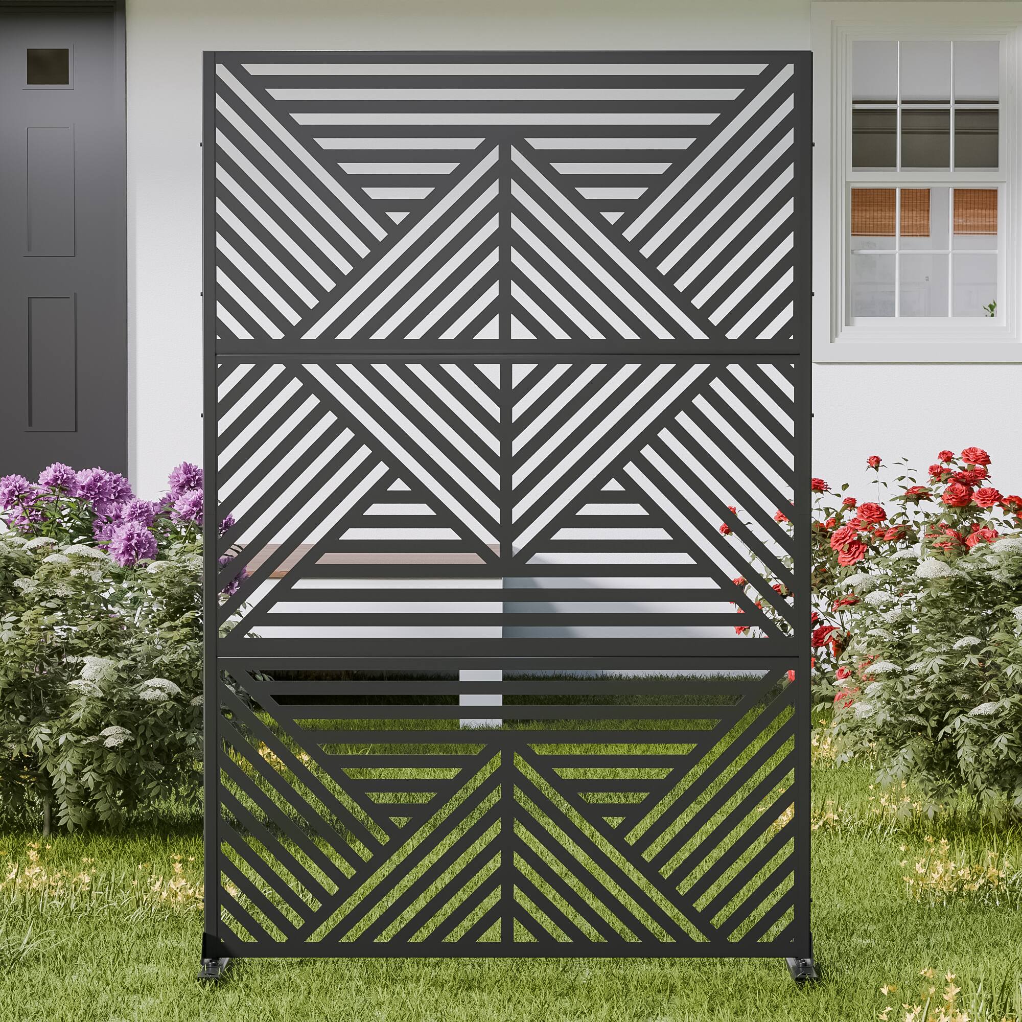 PexFix - 72 in. x 47 in. Zodiac Pattern Metal Outdoor Privacy Screen & Panels, Freestanding Garden Divider Fence - Black