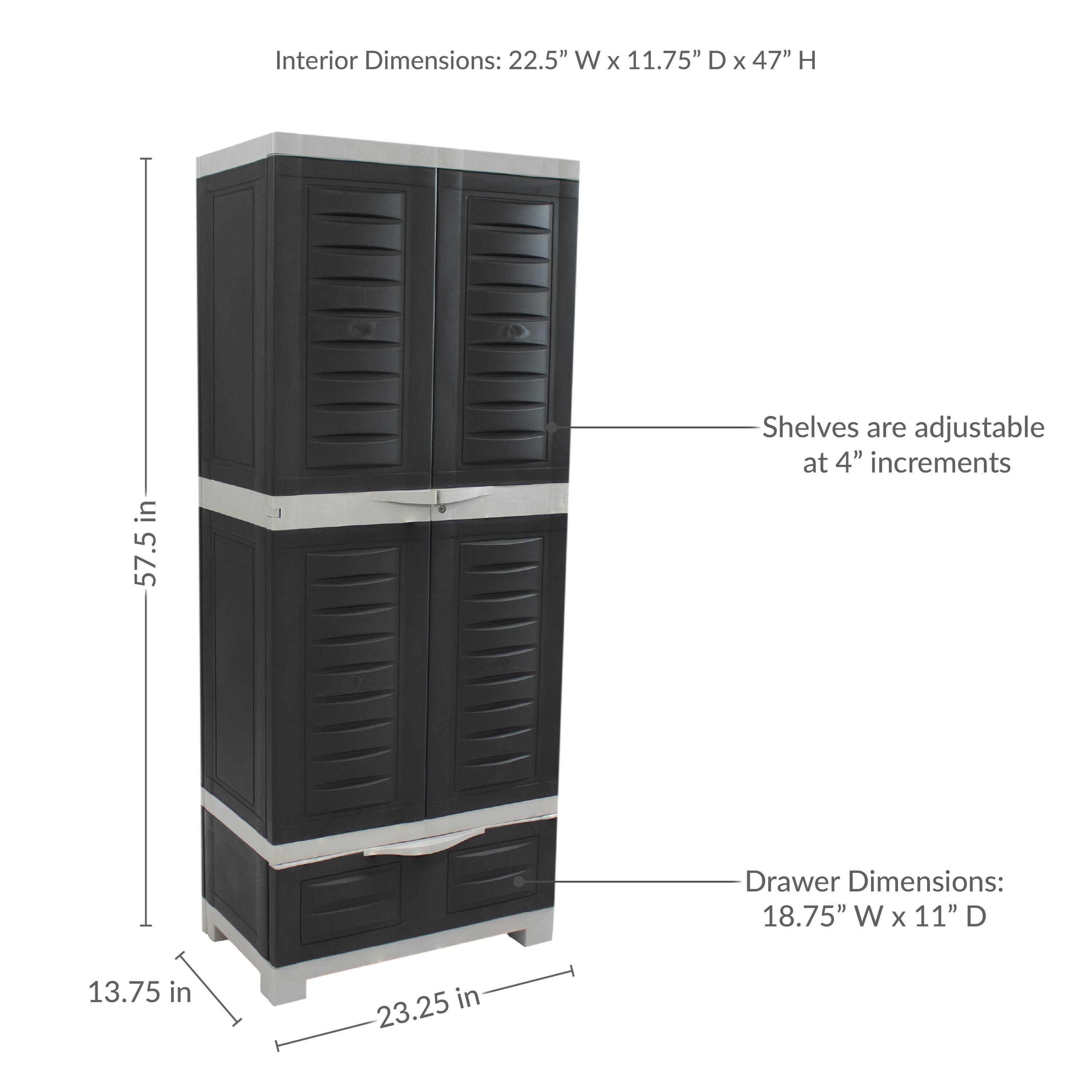 Interior Dimensions: 22.5" W x 11.75" D x 47" H  
Shelves are adjustable at 4" increments  
Drawer Dimensions: 18.75" W x 11" D