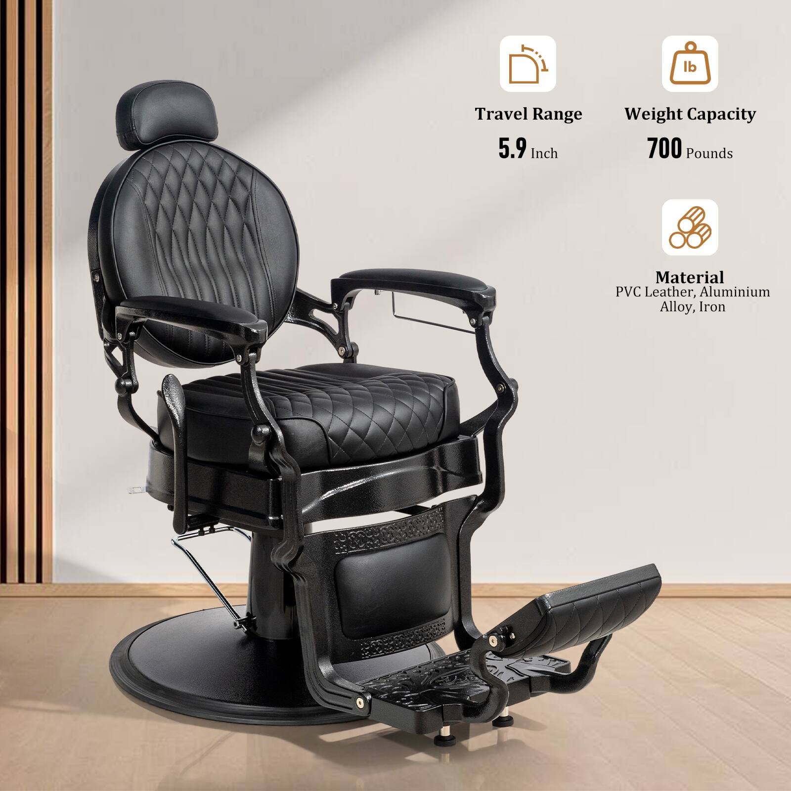 - Travel Range: 5.9 Inch
- Weight Capacity: 700 Pounds
- Material: PVC Leather, Aluminium Alloy, Iron