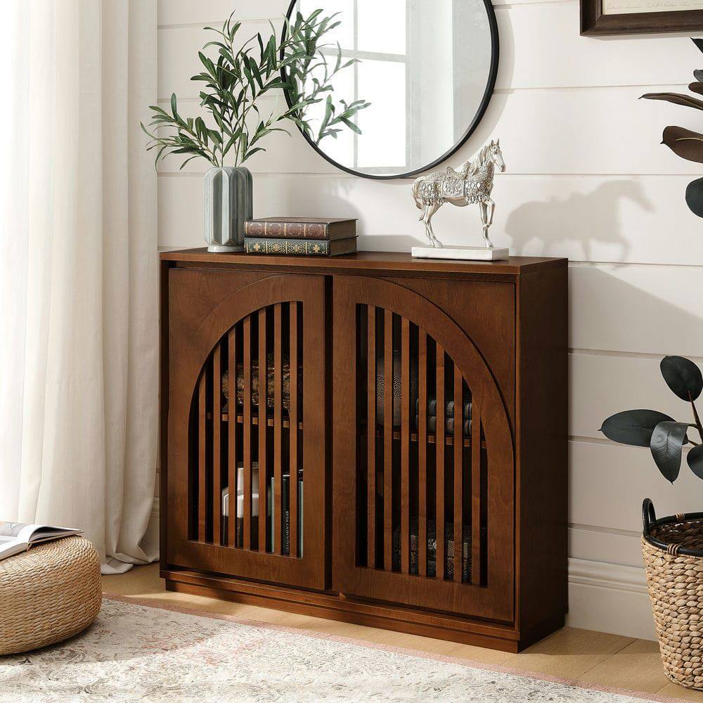 Alt View 8. Kadyn - Narrow Fluted Sideboard Cabinet with Electrical Outlets - Walnut - Brown.