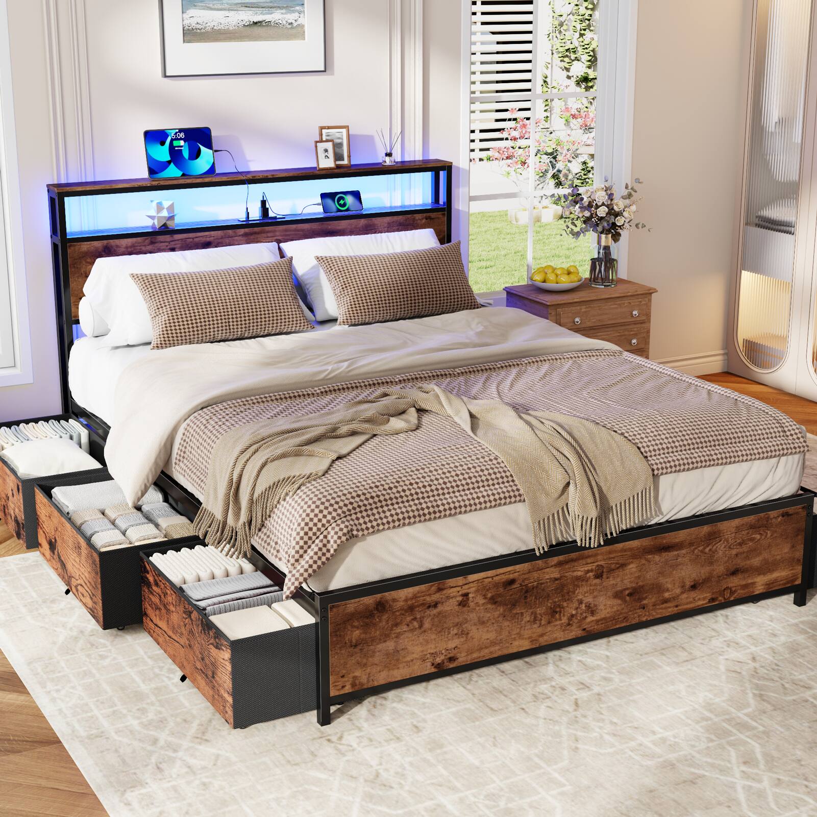 Left. Furnulem - Platform Bed with 6 Drawers and Open Storage Headboard Adjustable LED Light and Charging Station - Brown.