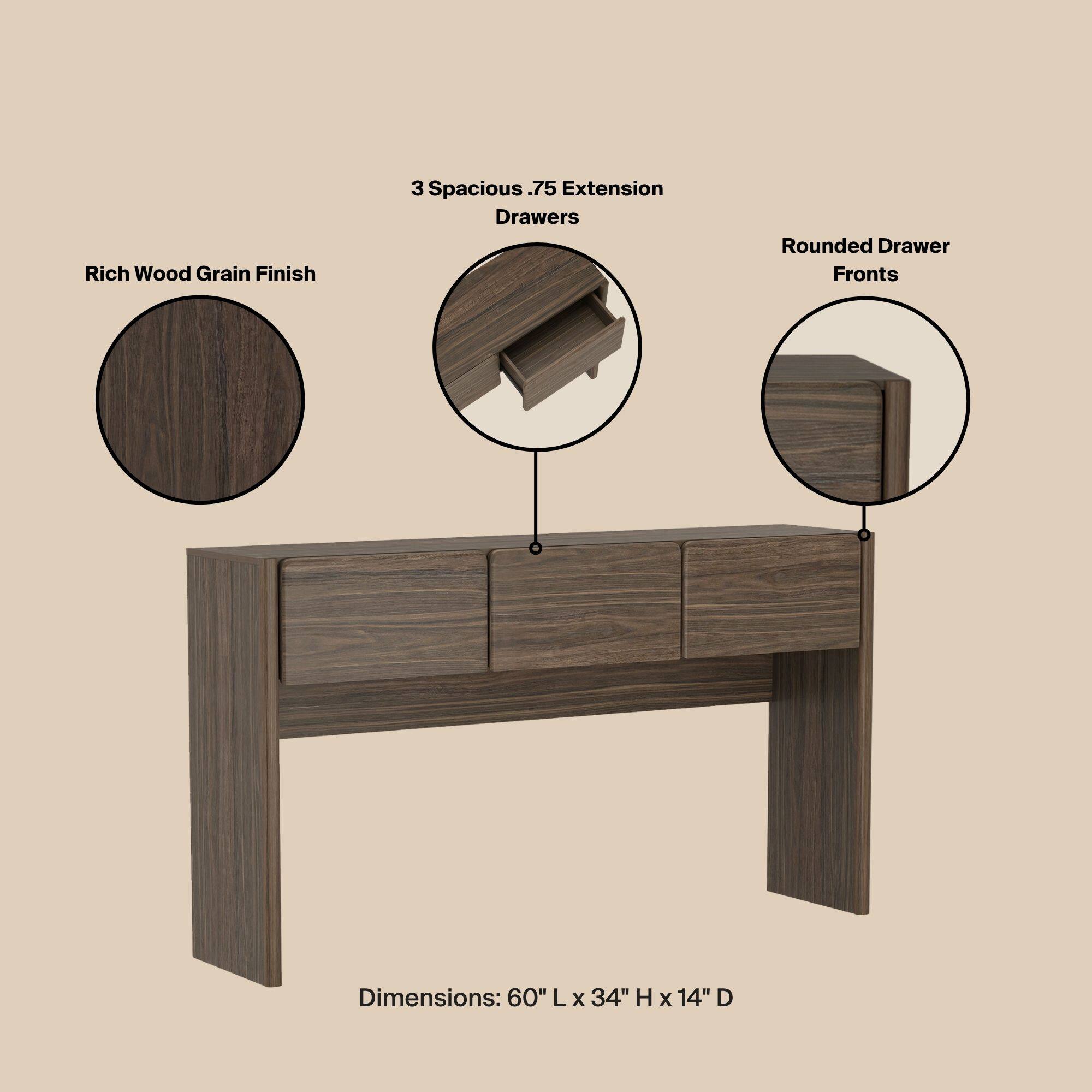 Rich Wood Grain Finish  
3 Spacious .75 Extension Drawers  
Rounded Drawer Fronts  
Dimensions: 60" L x 34" H x 14" D