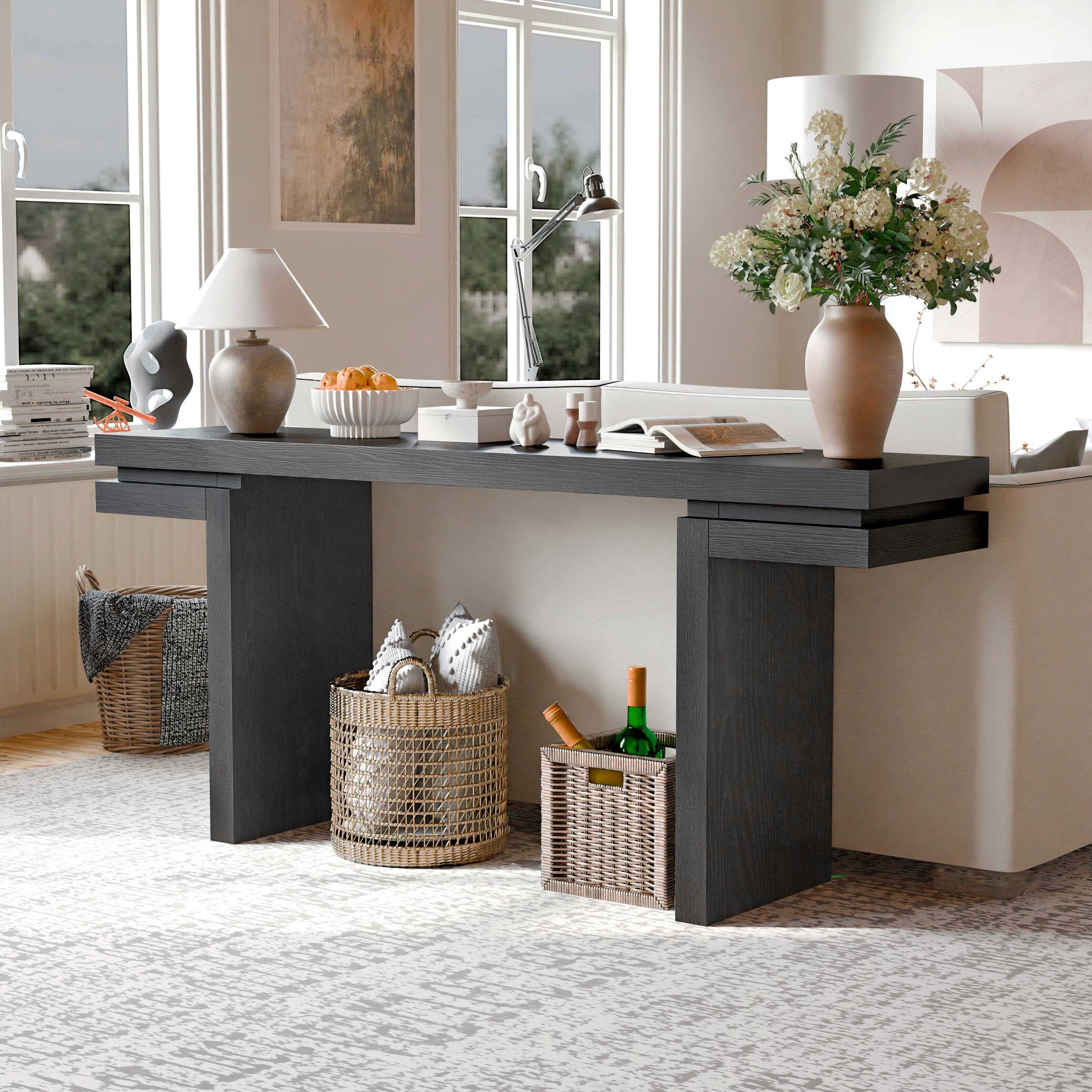 Back. Loheer - Loheer Console Table, 66 Inch Extra Wide Black Wood Veneer Sofa Table for Entryway Hallway Living Room Home Office - Black.