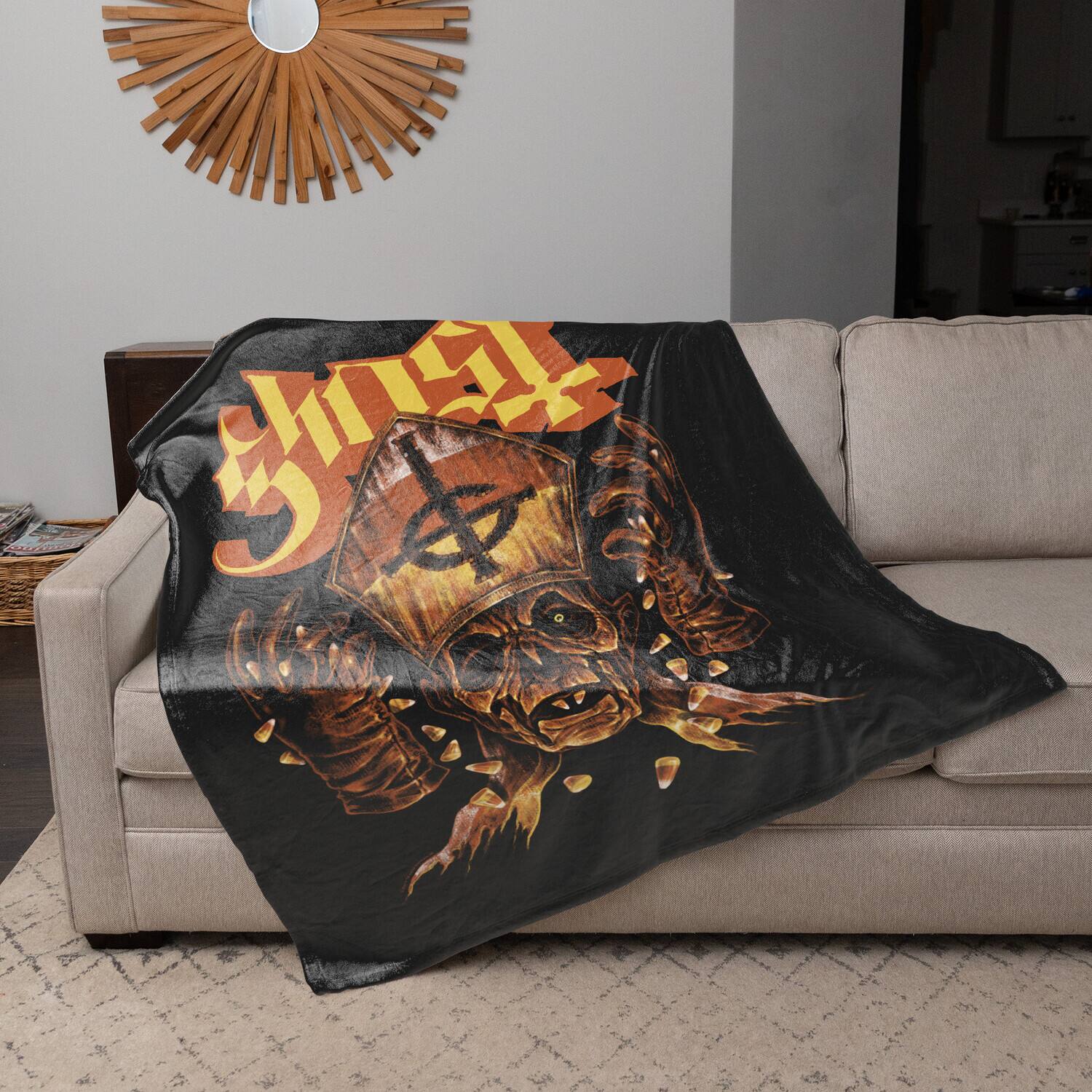 Alt View 1. PopMarket - Ghost - Rocksax - Ghost - Candy Corn - Sherpa Fleece Blanket (60 in x 80 in) - Multicolor.