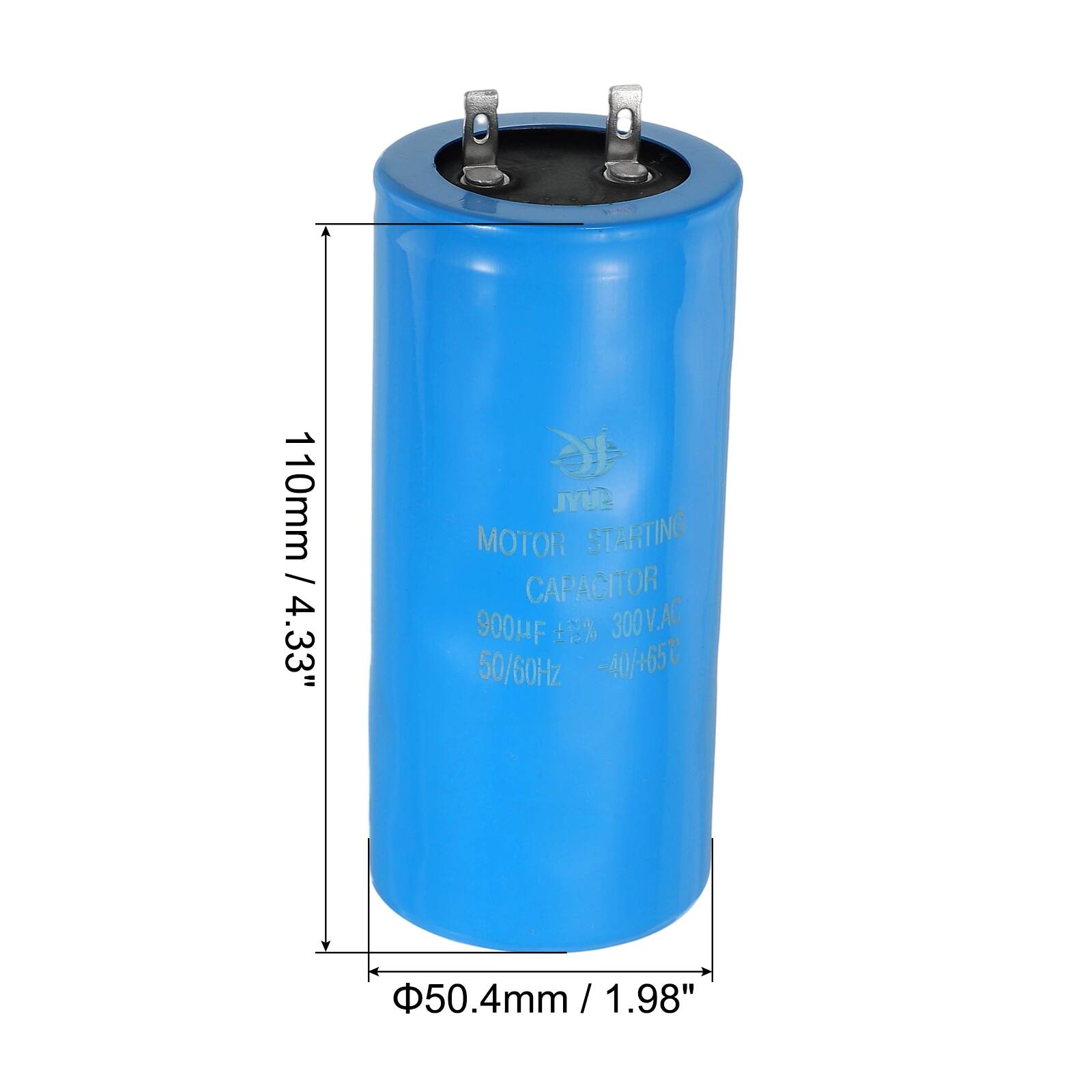110mm / 4.33" JYUE MOTOR STARTING CAPACITOR 900µF ±5% 300V.AC 50/60Hz -40/+65°C 50.4mm / 1.98"