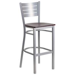 Emma + Oliver - Silver Slat Back Metal Restaurant Dining Barstool - Mahogany Wood Seat/Silver Frame