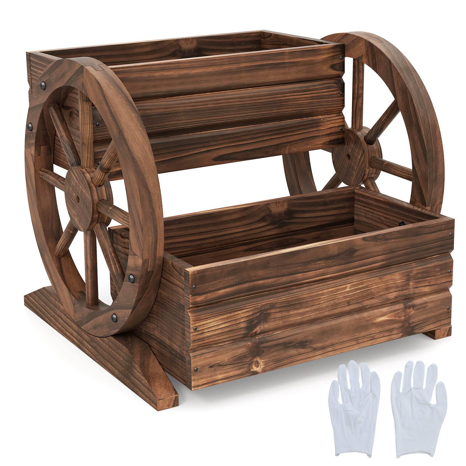 Alt View 8. Costway - Costway 1 PCS 2-Tier Rustic Wagon Planter Box with Drainage Holes&Wheels for Patio Balcony Garden - Coffee.