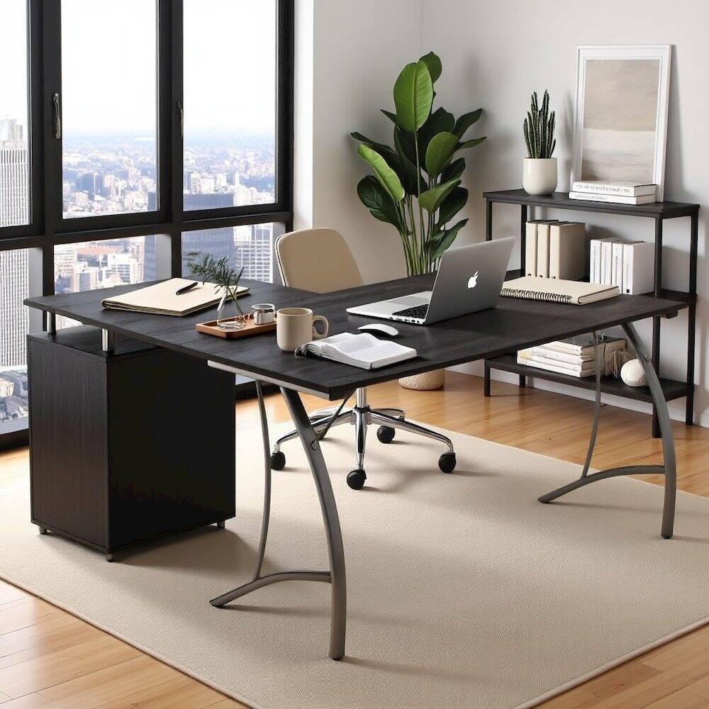 Alt View 2. FurniFact - Brown L Shaped Desk With 3 Drawers, Steel Frame Corner Computer Desk - Brown.