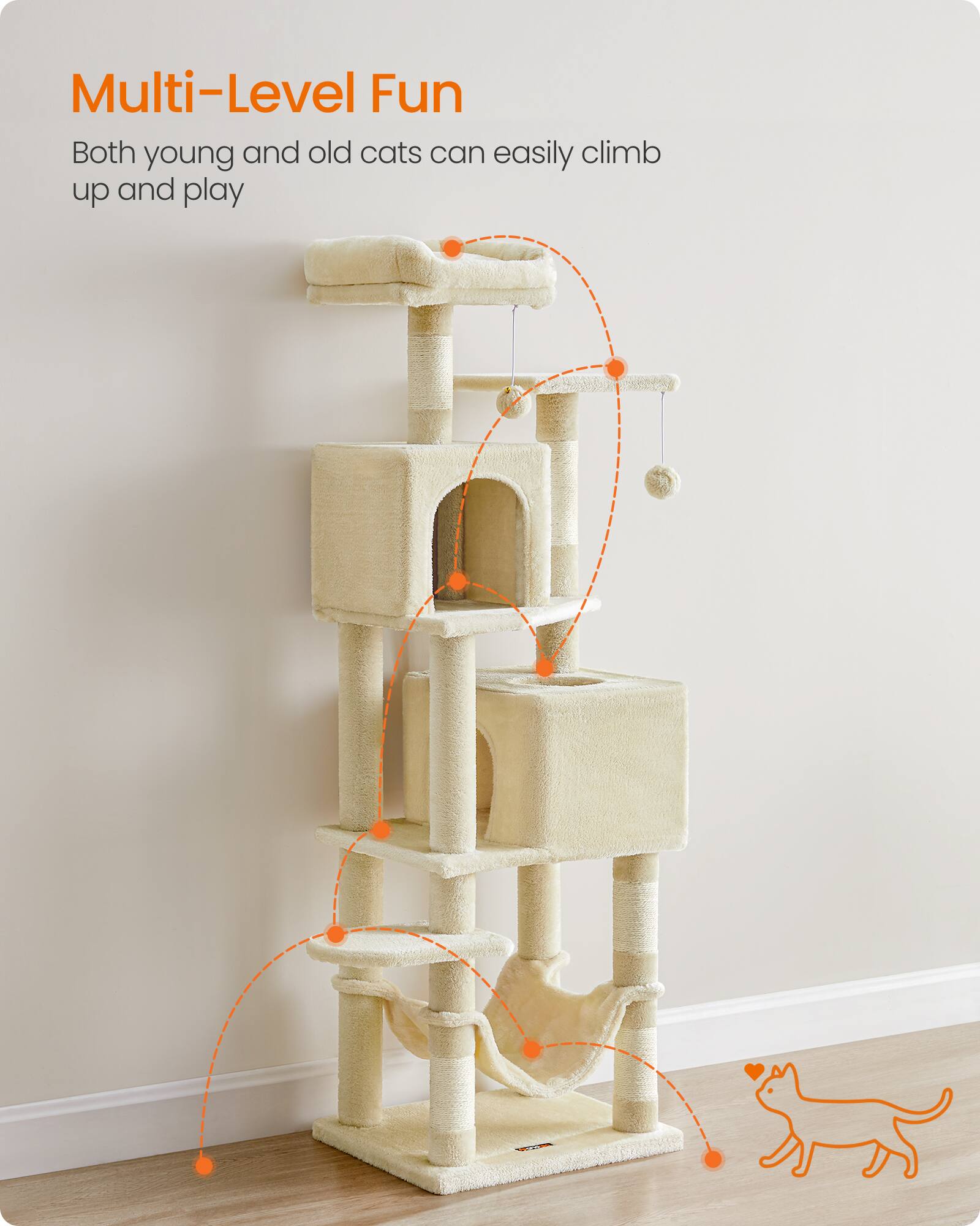 Multi-Level Fun  
Both young and old cats can easily climb up and play