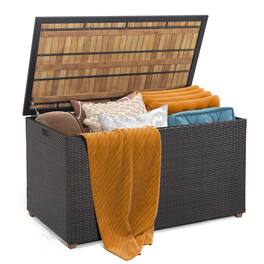 Gymax - 134 Gallon Patio Wicker Storage Deck Box w/ Solid Acacia Wood Backyard - Mix Brown