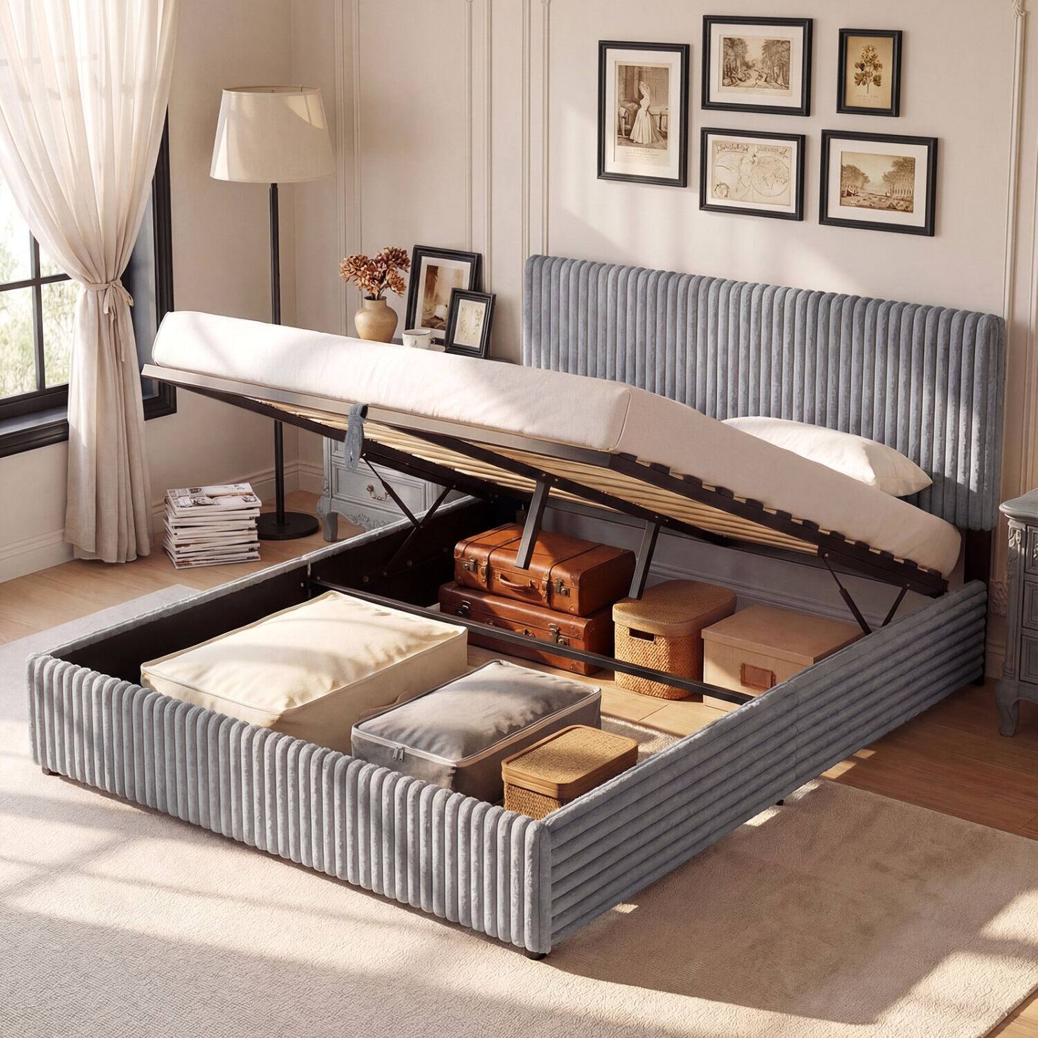 Alt View 7. LUCKY ONE - Queen Assembled Lift-up Storage Bed with Corduroy Upholstered Headboard Wooden Slats 600 lbs - Gray.