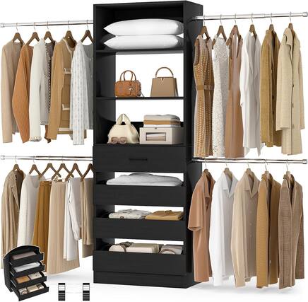 Front. Aheaplus - 4-9FT Adjustable Wooden Closet Organizer, 4 Drawers & 4 Hanging Rods, Heavy Duty Walk-in Wardrobe System - Black.