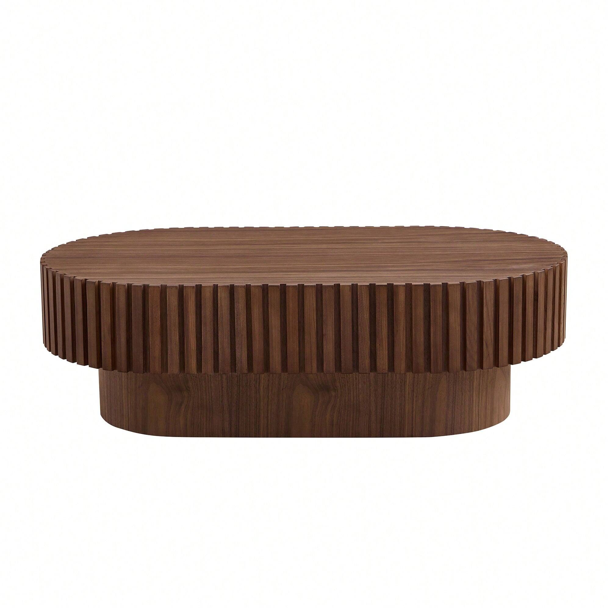 Alt View 4. Trinkets Crazed - Round Fluted Coffee Table, Mid Century Modern Irregular Large 43.7 Inch Wood Drum Design - Walnut.