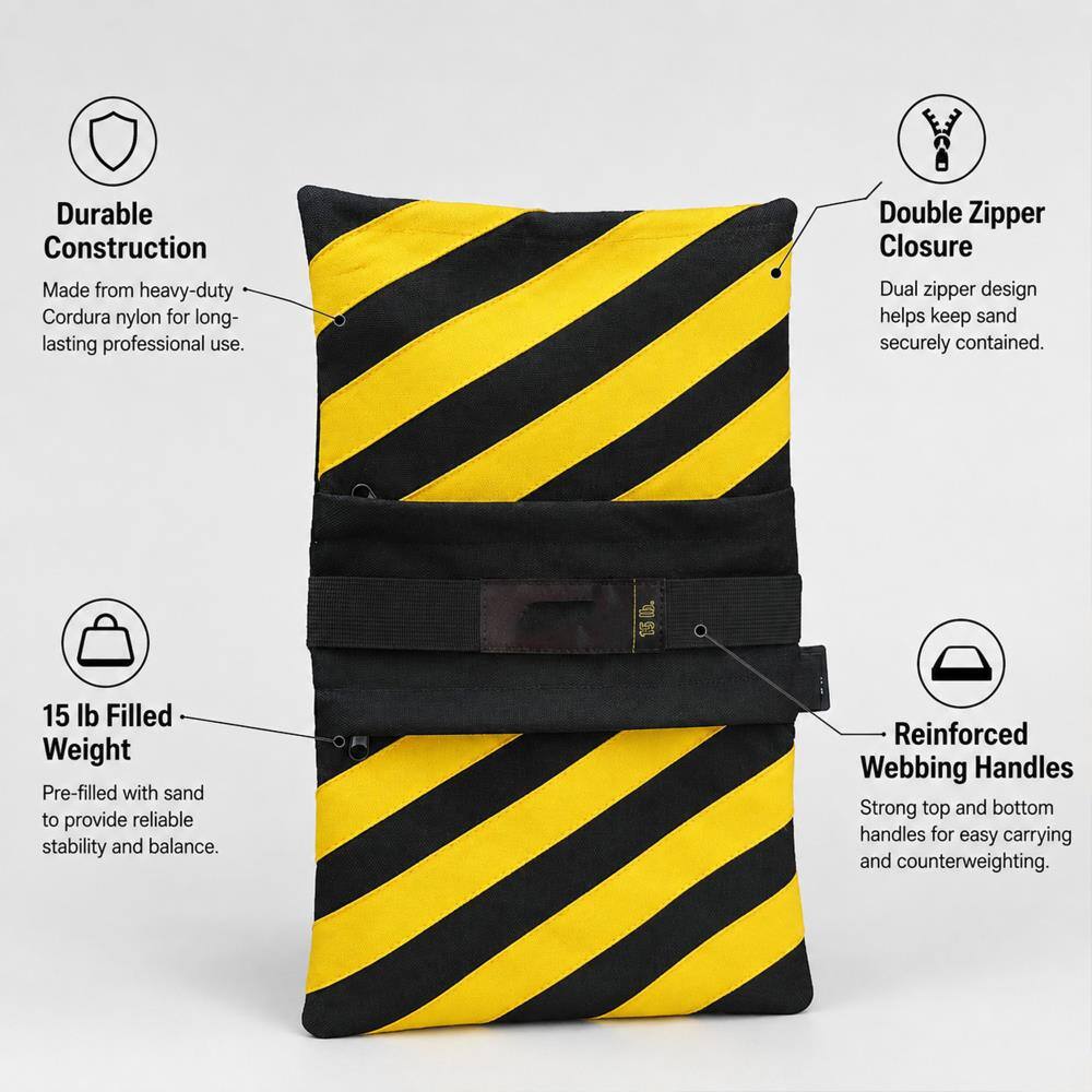Durable Construction: Made from heavy-duty Cordura nylon for long-lasting professional use.

Double Zipper Closure: Dual zipper design helps keep sand securely contained.

15 lb Filled Weight: Pre-filled with sand to provide reliable stability and balance.

Reinforced Webbing Handles: Strong top and bottom handles for easy carrying and counterweighting.