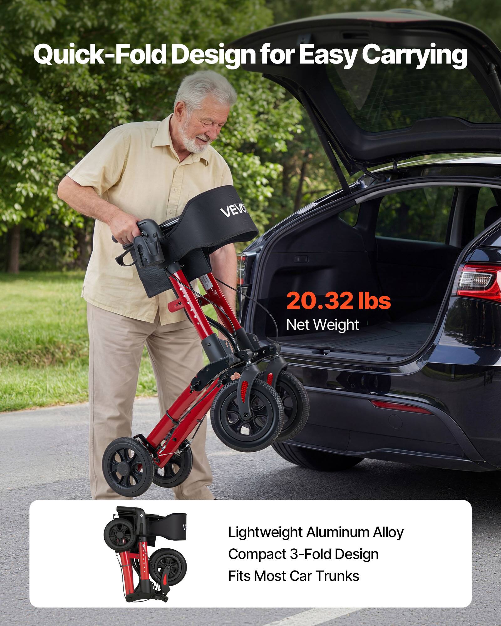 Quick-Fold Design for Easy Carrying

20.32 lbs Net Weight

Lightweight Aluminum Alloy
Compact 3-Fold Design
Fits Most Car Trunks