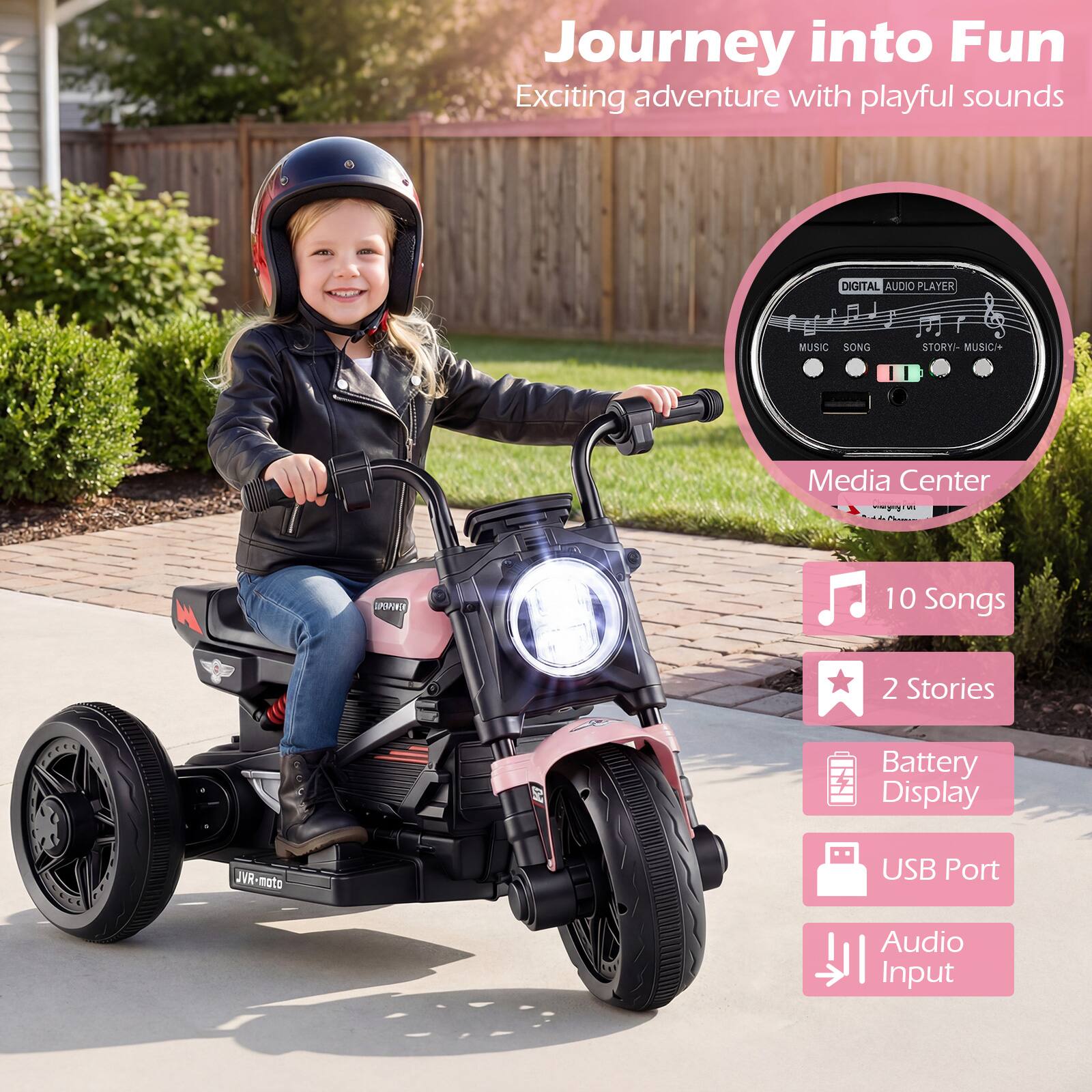 Journey into Fun  
Exciting adventure with playful sounds  

DIGITAL AUDIO PLAYER  
MUSIC/ Media Center - N - SPO  

10 Songs  
2 Stories  

Battery Display  
USB Port  
Audio Input