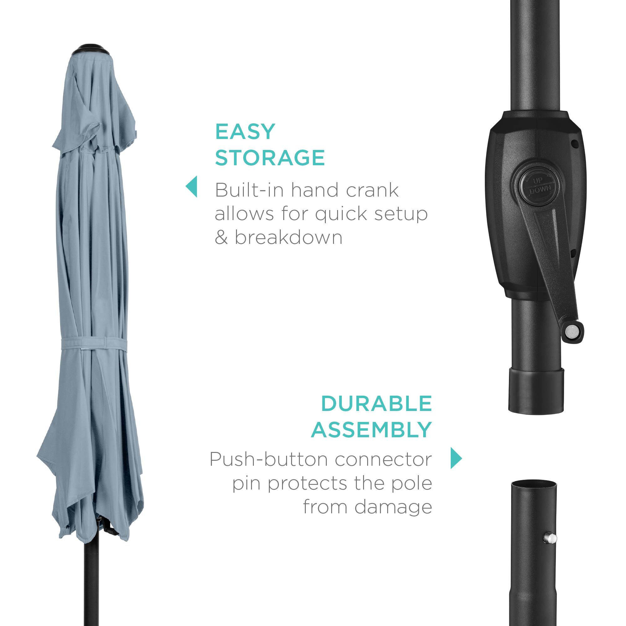 EASY STORAGE: Built-in hand crank allows for quick setup & breakdown.

DURABLE ASSEMBLY: Push-button connector pin protects the pole from damage.