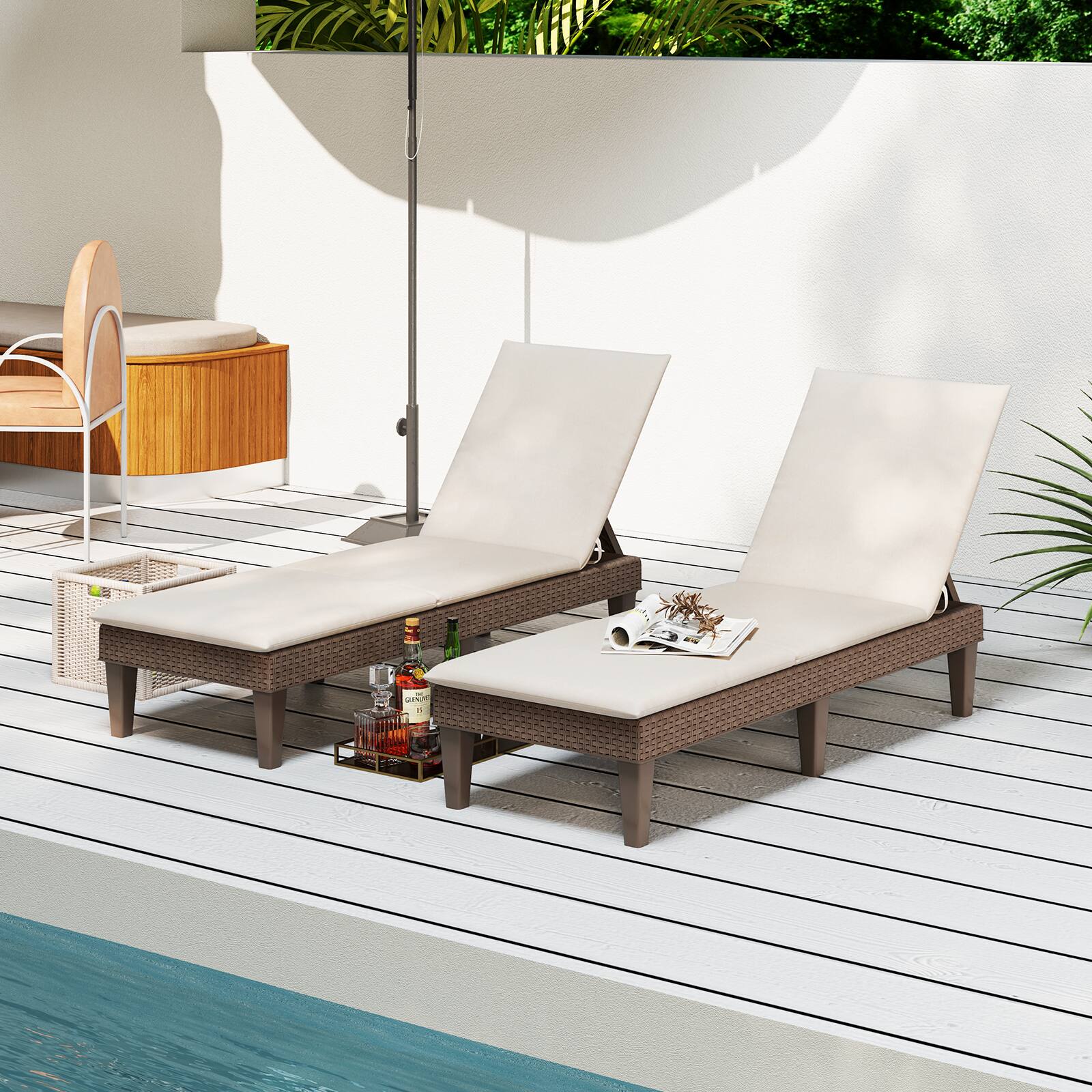 Alt View 1. Gymax - Gymax 2PCS Patio Lounge Chair Recliner Chair w/ 3-Position Adjustable Backrest & Cushion Brown & White - Brown, White.