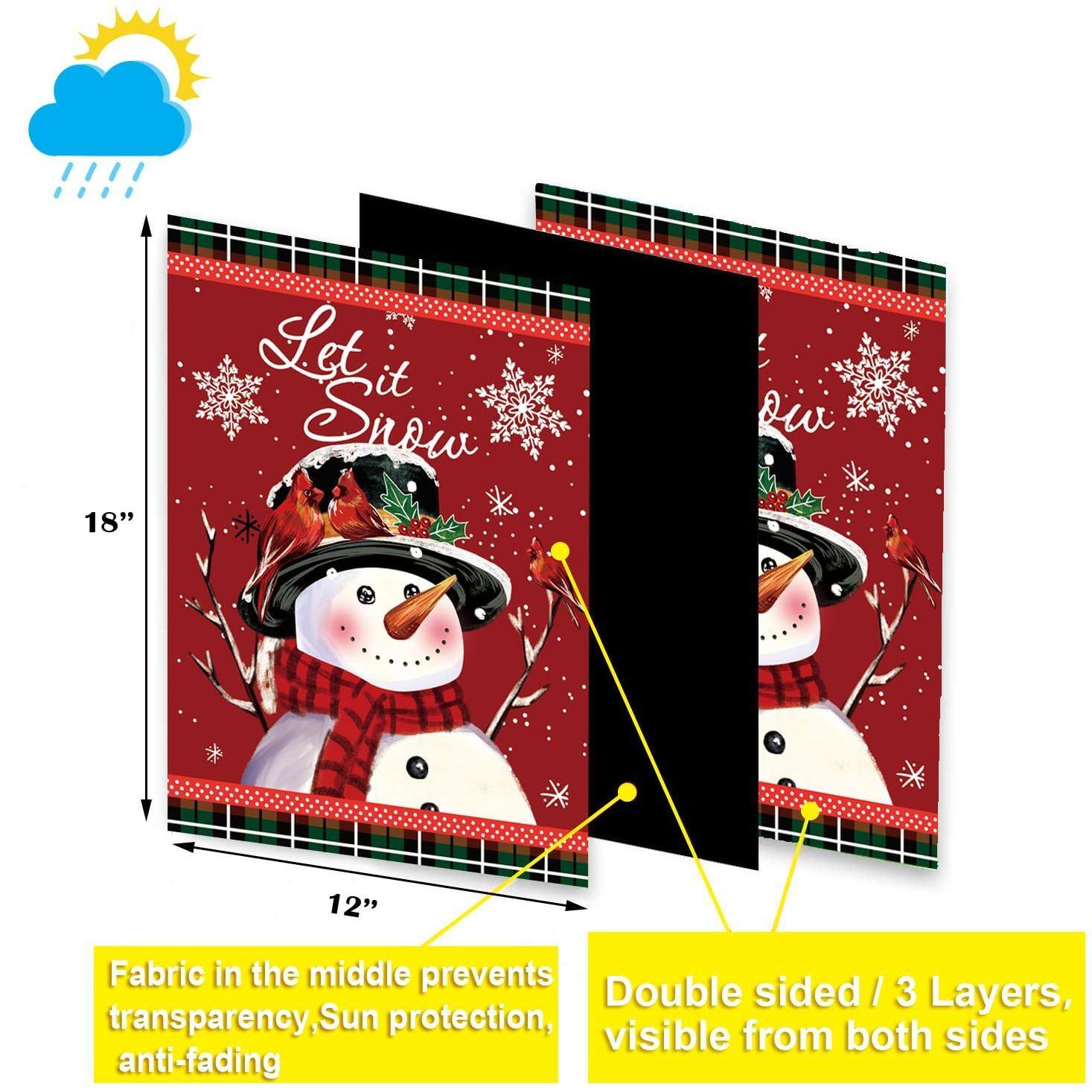 - 18" x 12"  
- Let it Snow  
- Fabric in the middle prevents transparency, Sun protection, anti-fading  
- Double sided / 3 Layers, visible from both sides