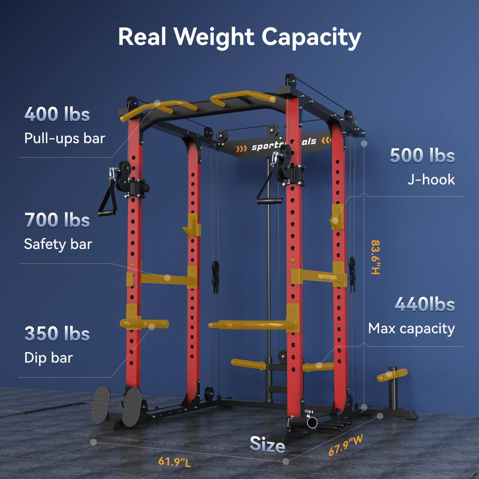 Real Weight Capacity

- Pull-ups bar: 400 lbs
- J-hook: 500 lbs
- Safety bar: 700 lbs
- Dip bar: 350 lbs

Max capacity: 440 lbs

Size: 61.9"L x 67.9"W x 83.6"H