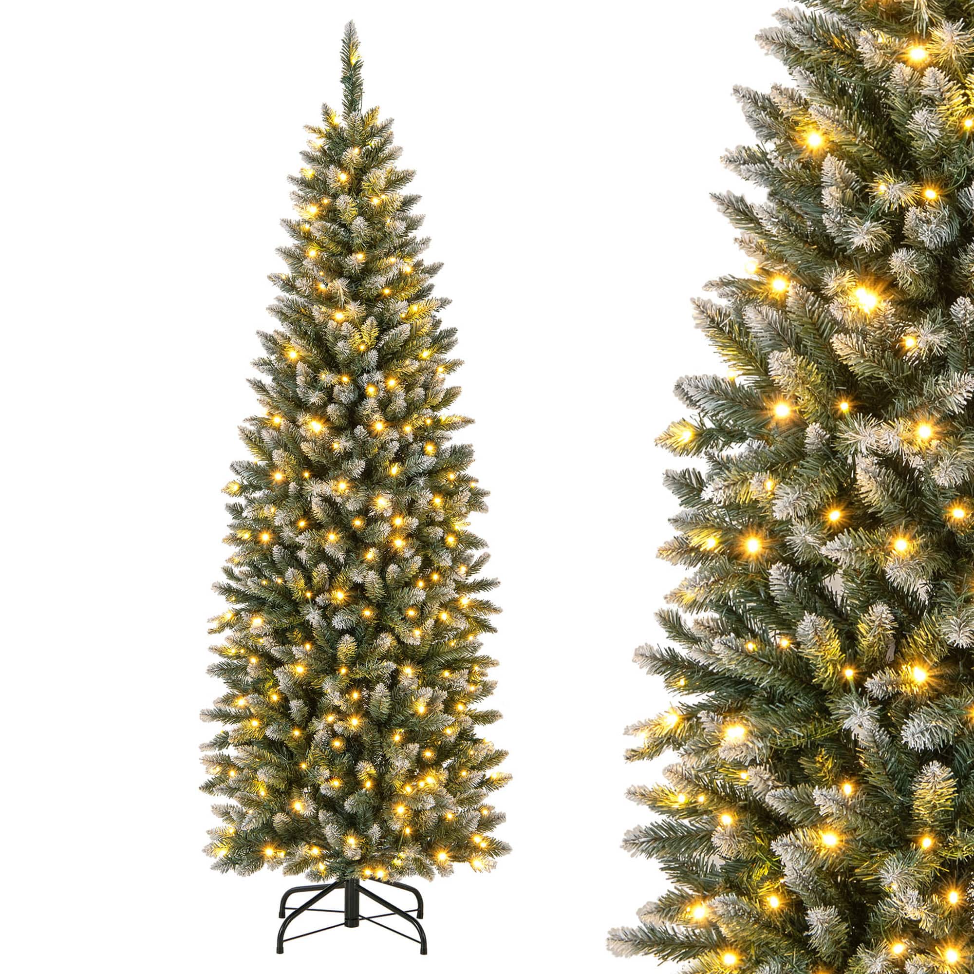 Costway - 6 FT Pre-Lit Christmas Tree Hinged Slim Pencil Xmas with 250 LED Lights & 618 Tips - Green,White