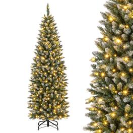 Costway - 6 FT Pre-Lit Christmas Tree Hinged Slim Pencil Xmas with 250 LED Lights & 618 Tips - Green,White