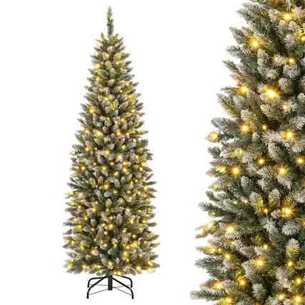 Front. Costway - Costway 6 FT Pre-Lit Christmas Tree Hinged Slim Pencil Xmas with 250 LED Lights & 618 Tips - Green,White.