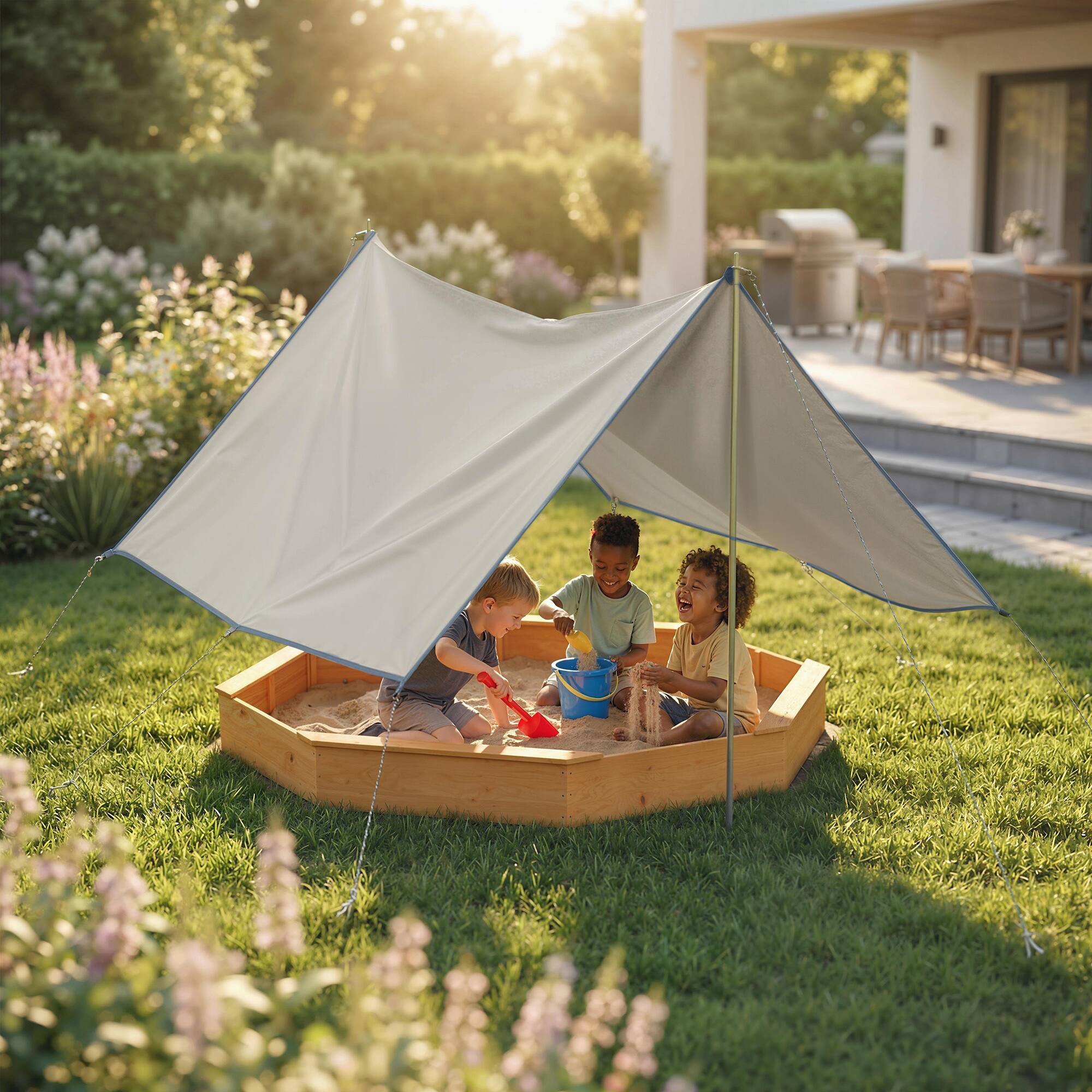 Alt View 1. Qaba - Sandbox with Large Canopy, Outdoor Sand Box with 4 Bench Seats - Yellow.