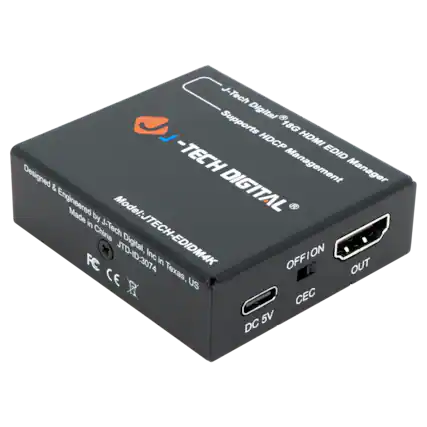 J-Tech Digital Supports 18G HDMI EDID Manager -TECH DIGITAL Model:JTECH-EDIDM4K Designed & Engineered by J-Tech Digital, Inc in Texas, US Made in China JTD-ID:3074 OFFION OUT CEC DC 5V